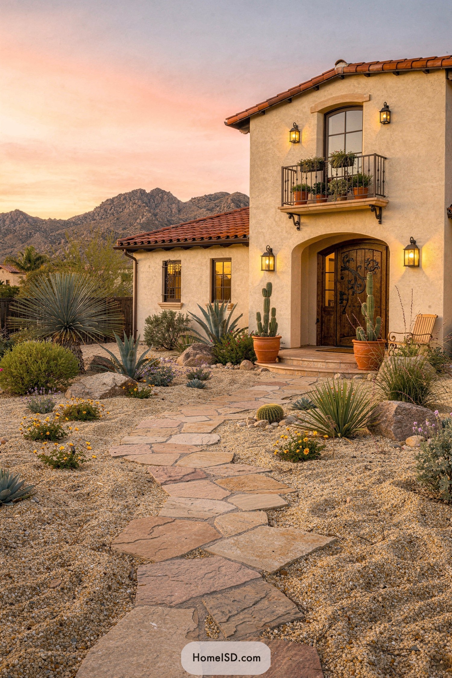 Spanish-style stucco house with cactus-filled gravel yard and stone path