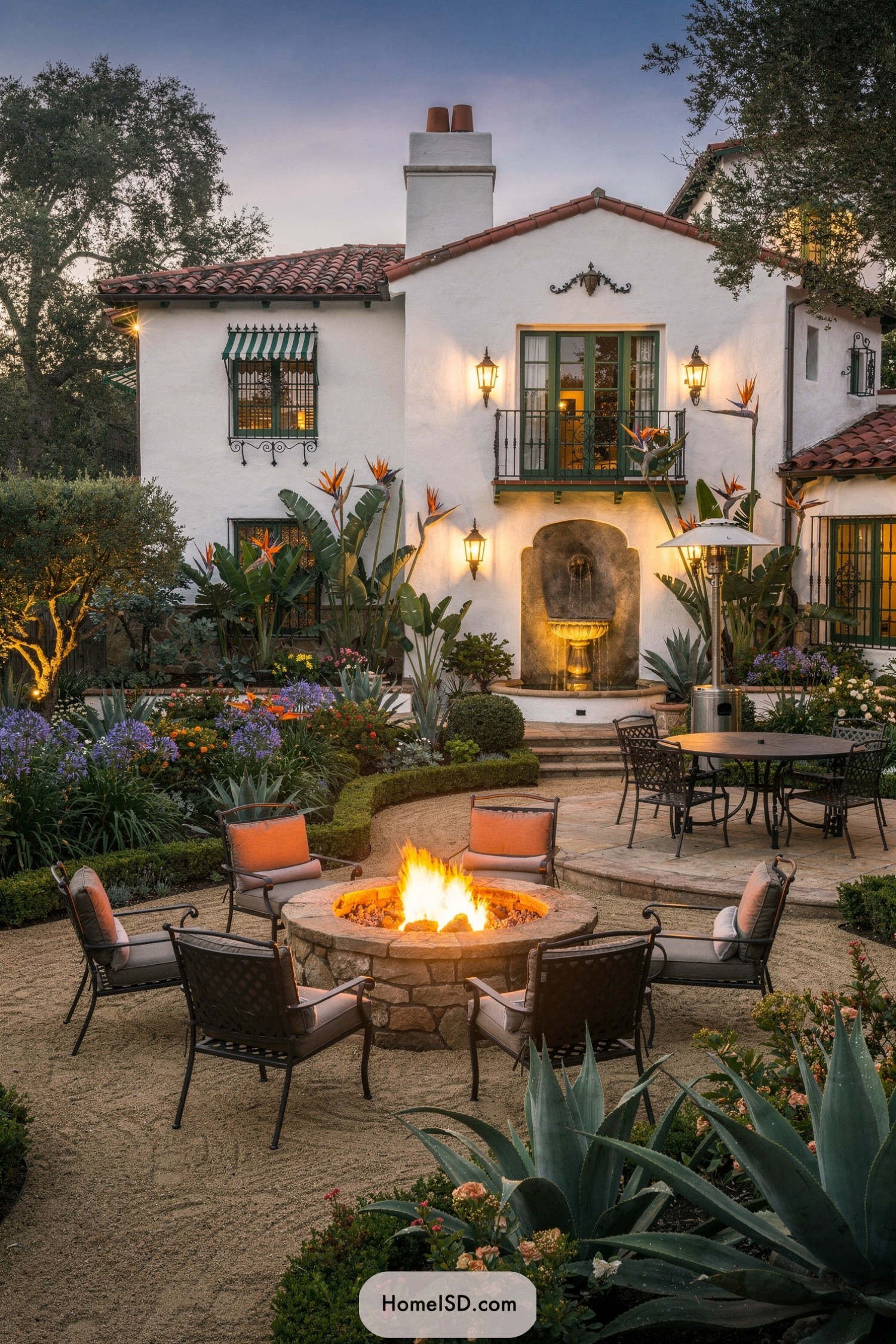 Spanish-style courtyard with fire pit and lush landscaping at dusk