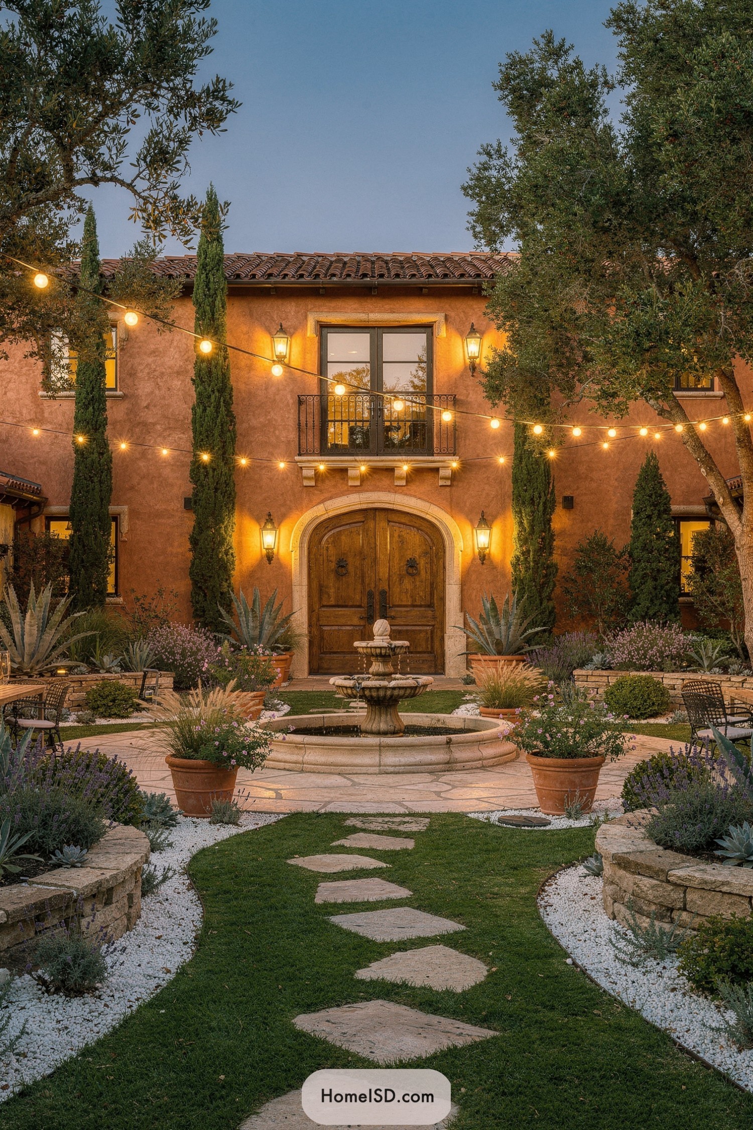 Spanish villa courtyard with fountain and string lights
