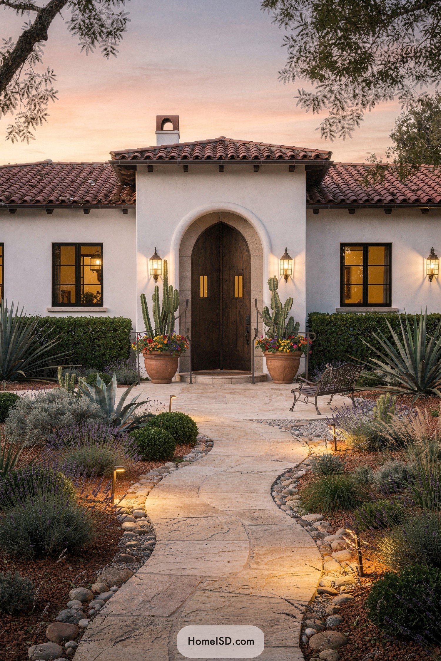 Curved stone walkway with warm lights leading to an arched Spanish-style front door framed by cacti and drought-tolerant plantings