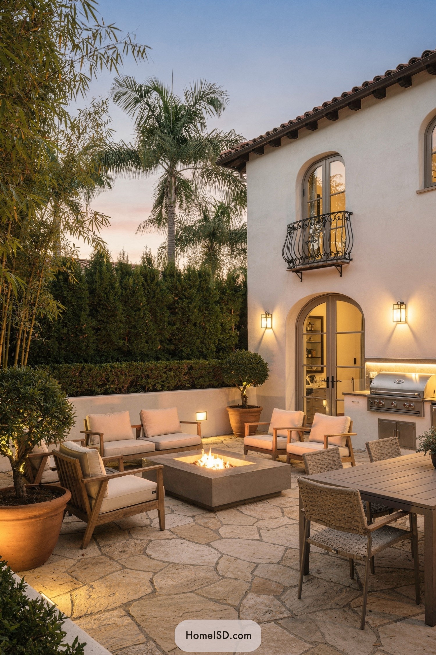 Modern Spanish courtyard patio with fire pit