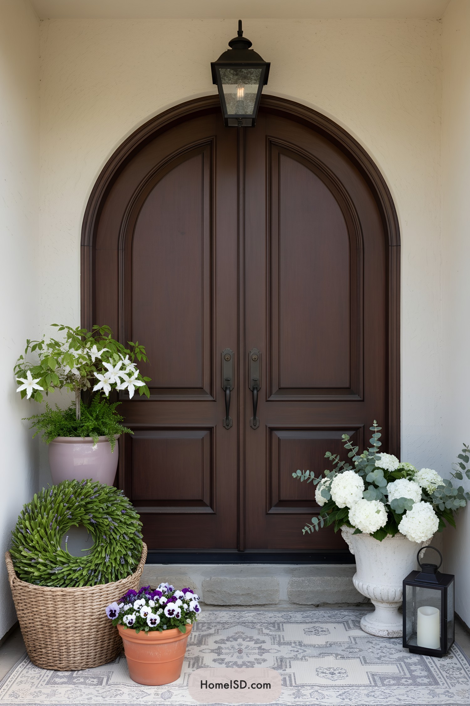 Spring porch with potted flowers and wreath