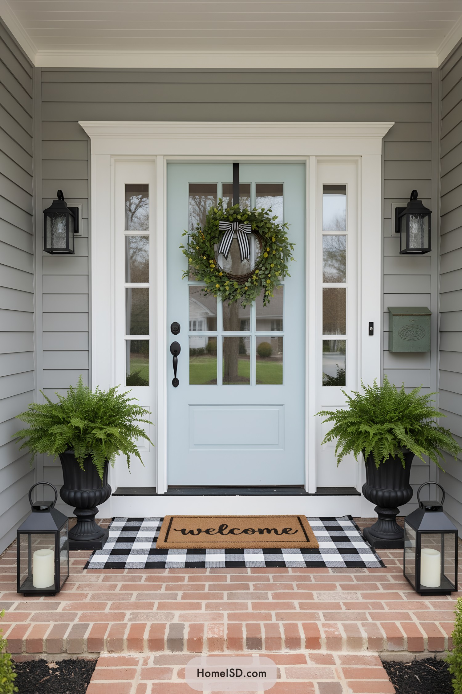Light blue front door with wreath, ferns, and lanterns on a brick porch