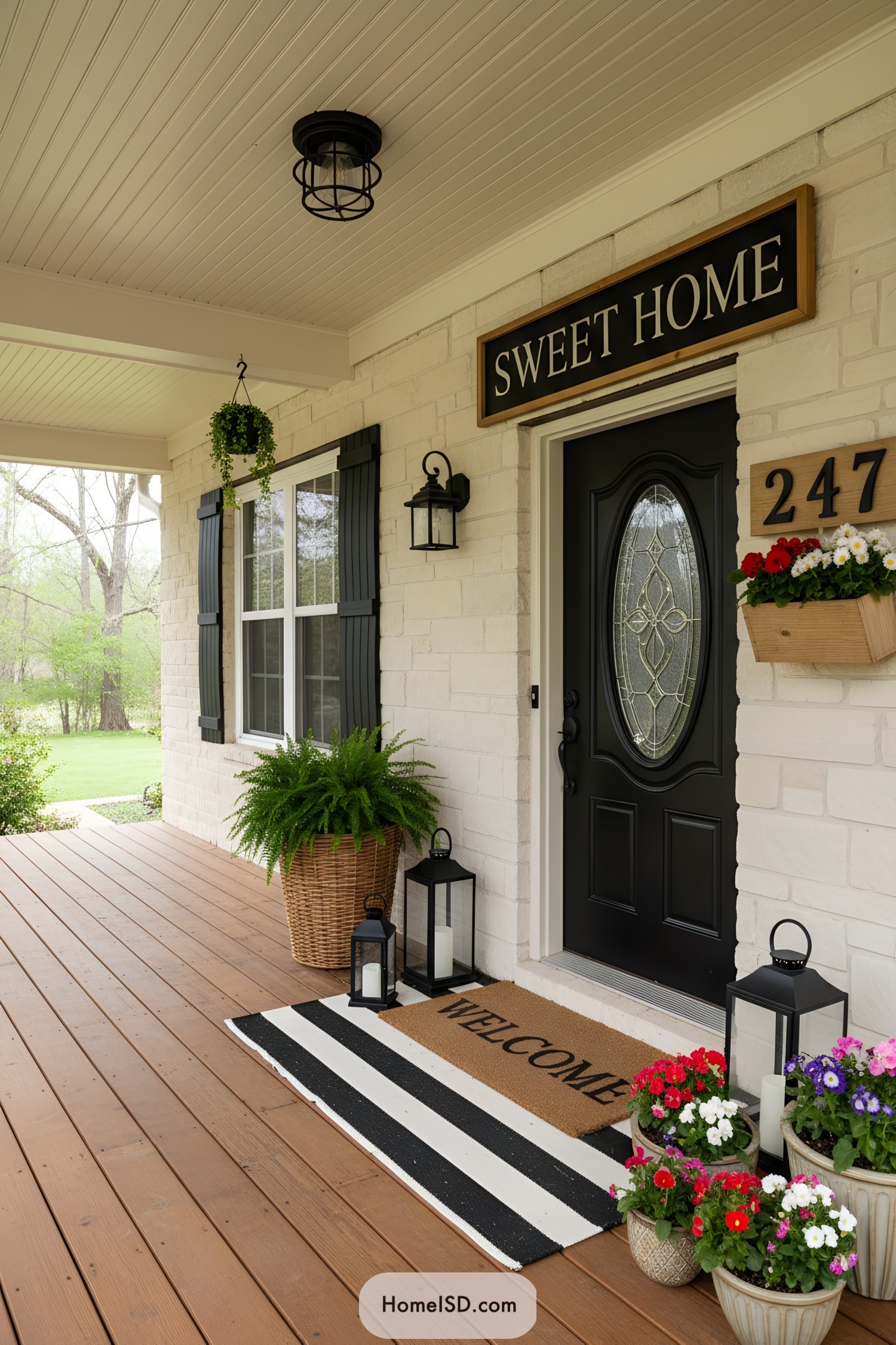 Cozy spring porch with black door, striped rug, potted flowers, and lanterns