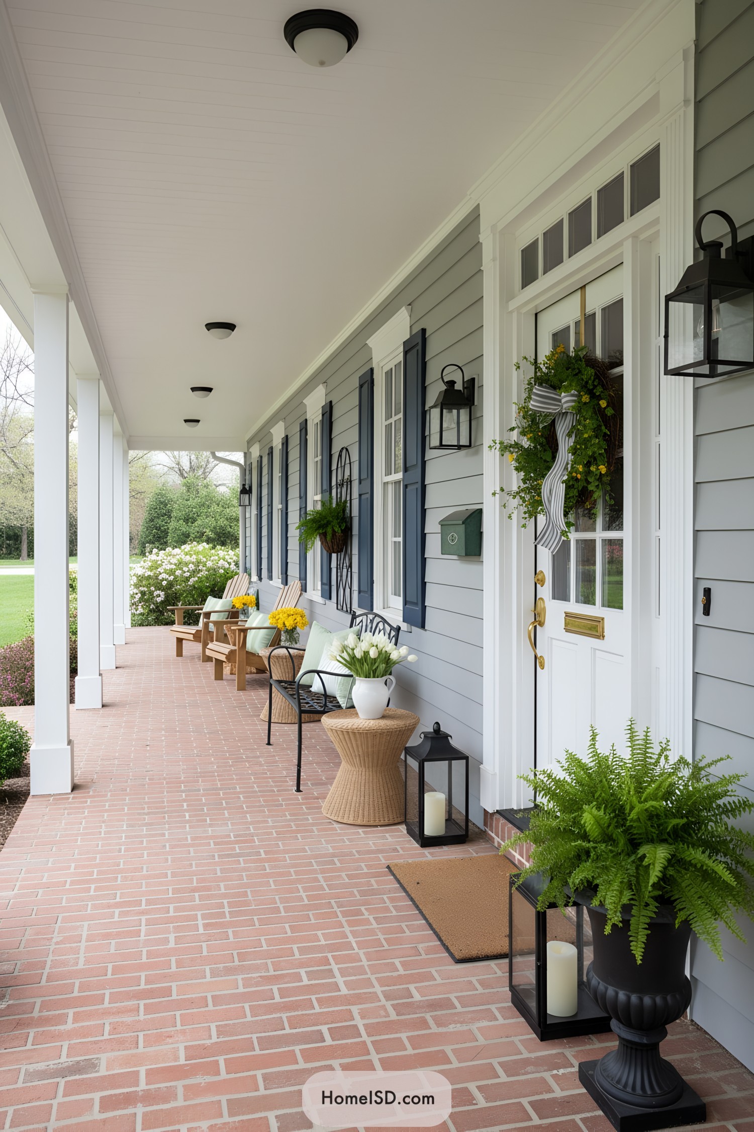 Long brick front porch with white door, plants, and lanterns arranged for spring