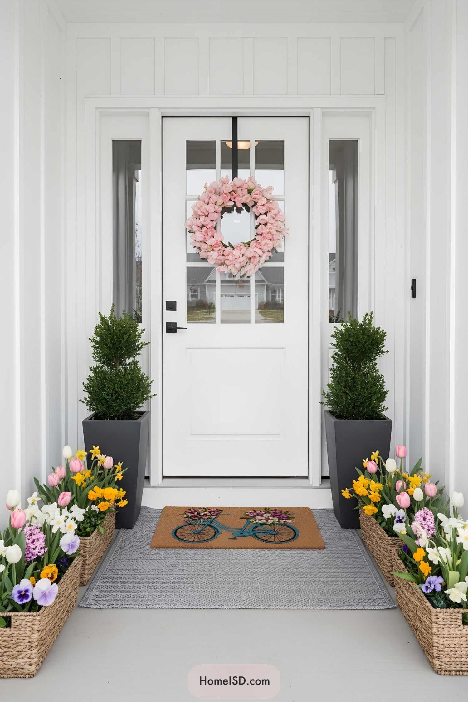 White porch with pink wreath and flower boxes