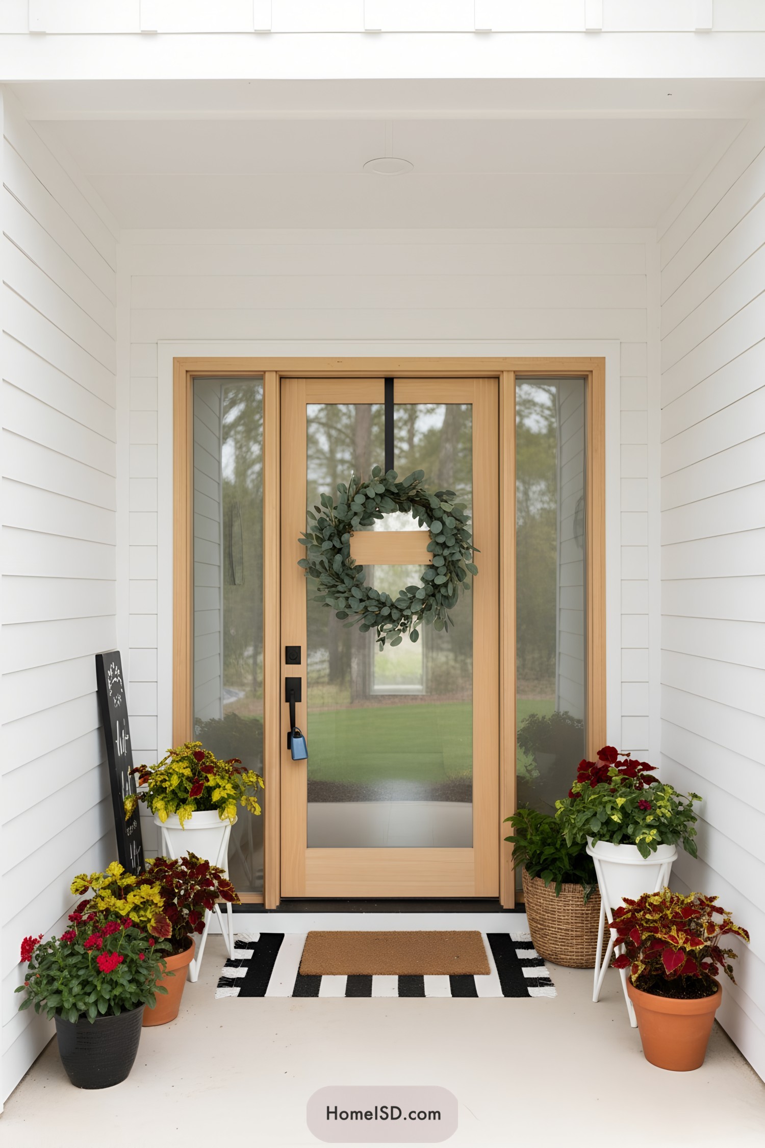 Modern porch with light wood glass door, eucalyptus wreath, and colorful potted plants