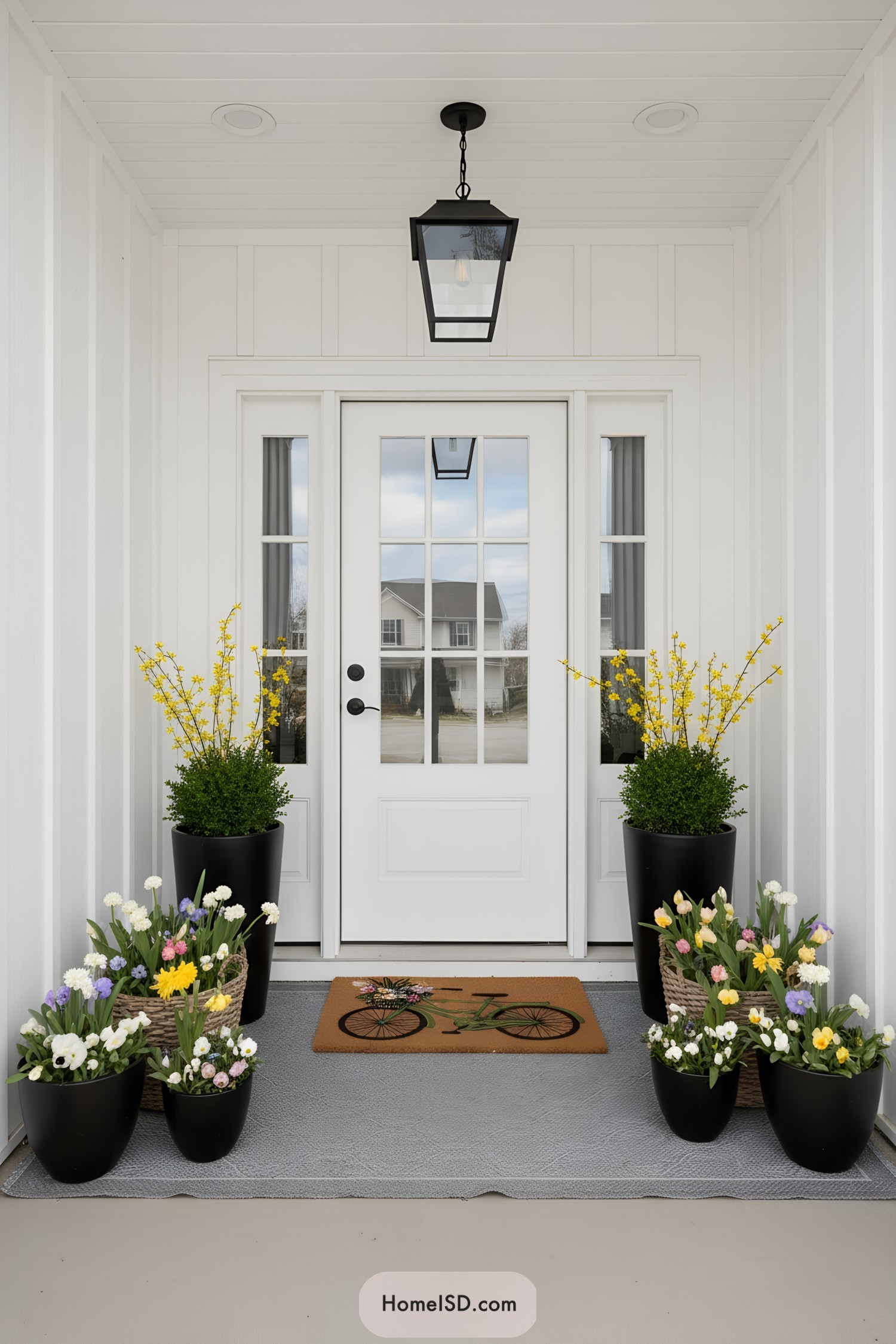 White porch with spring planters and bike doormat