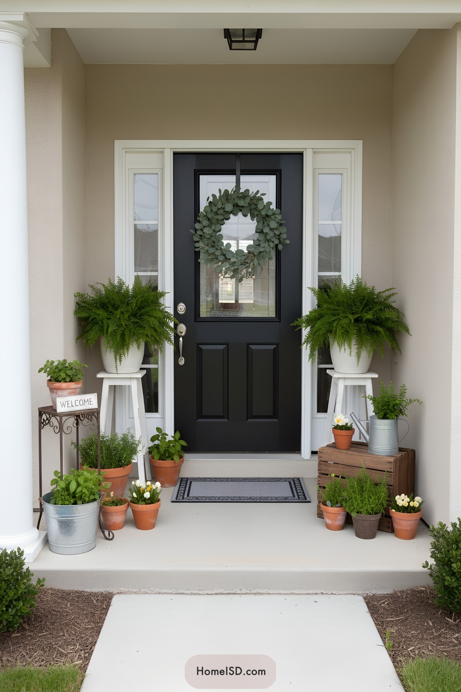 Black front door porch with ferns and potted herbs