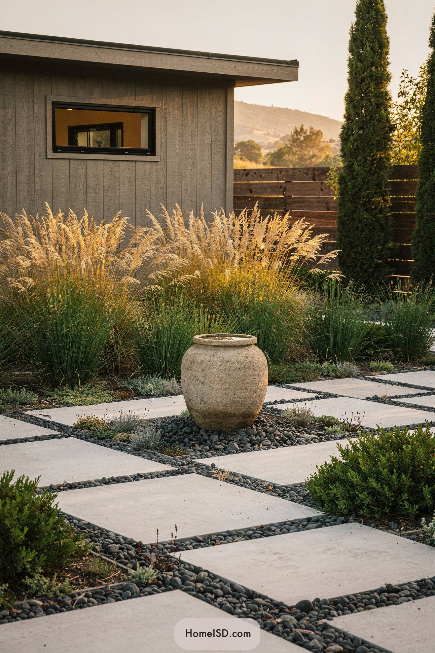 Modern grid patio of large pavers with dark river stones, centered by a weathered stone urn and bordered by tall grasses and evergreens