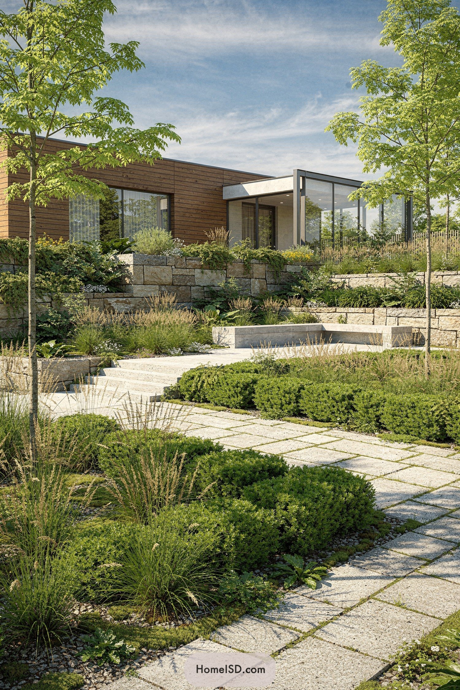 Modern terraced garden with stone paths