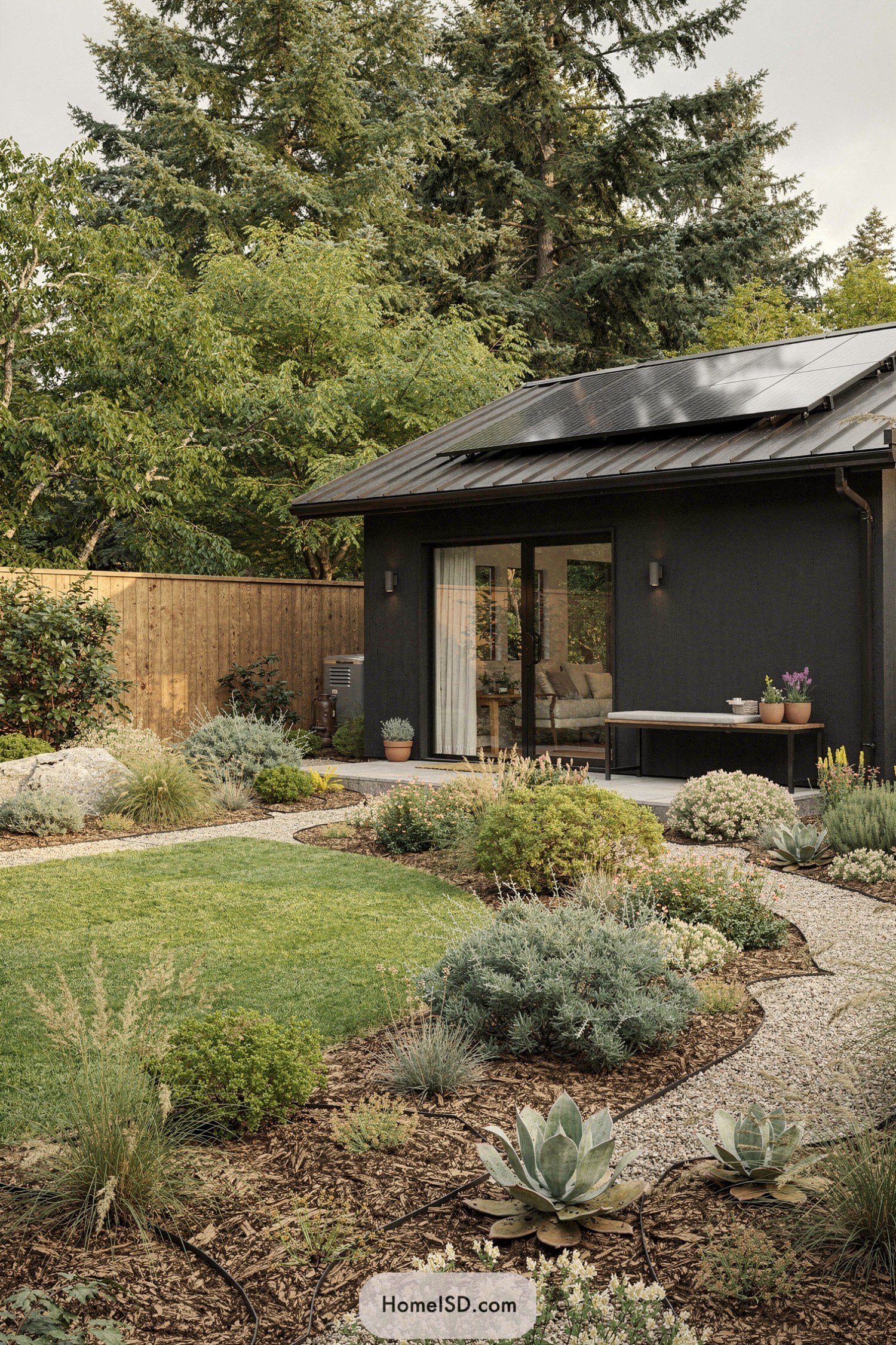 Modern black cottage with solar roof and layered drought tolerant garden around curving gravel paths