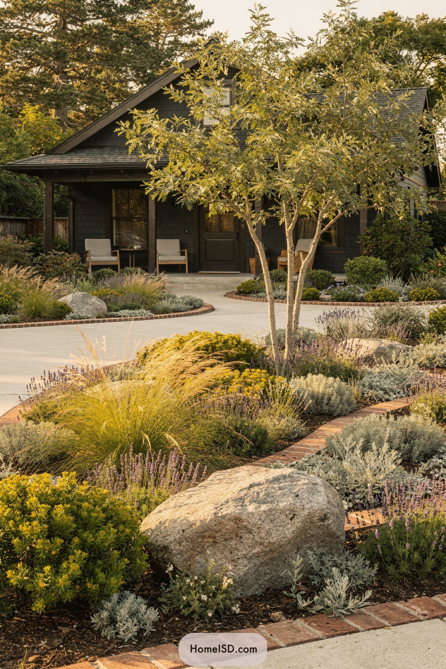 Dark cottage with layered drought-tolerant garden and winding path