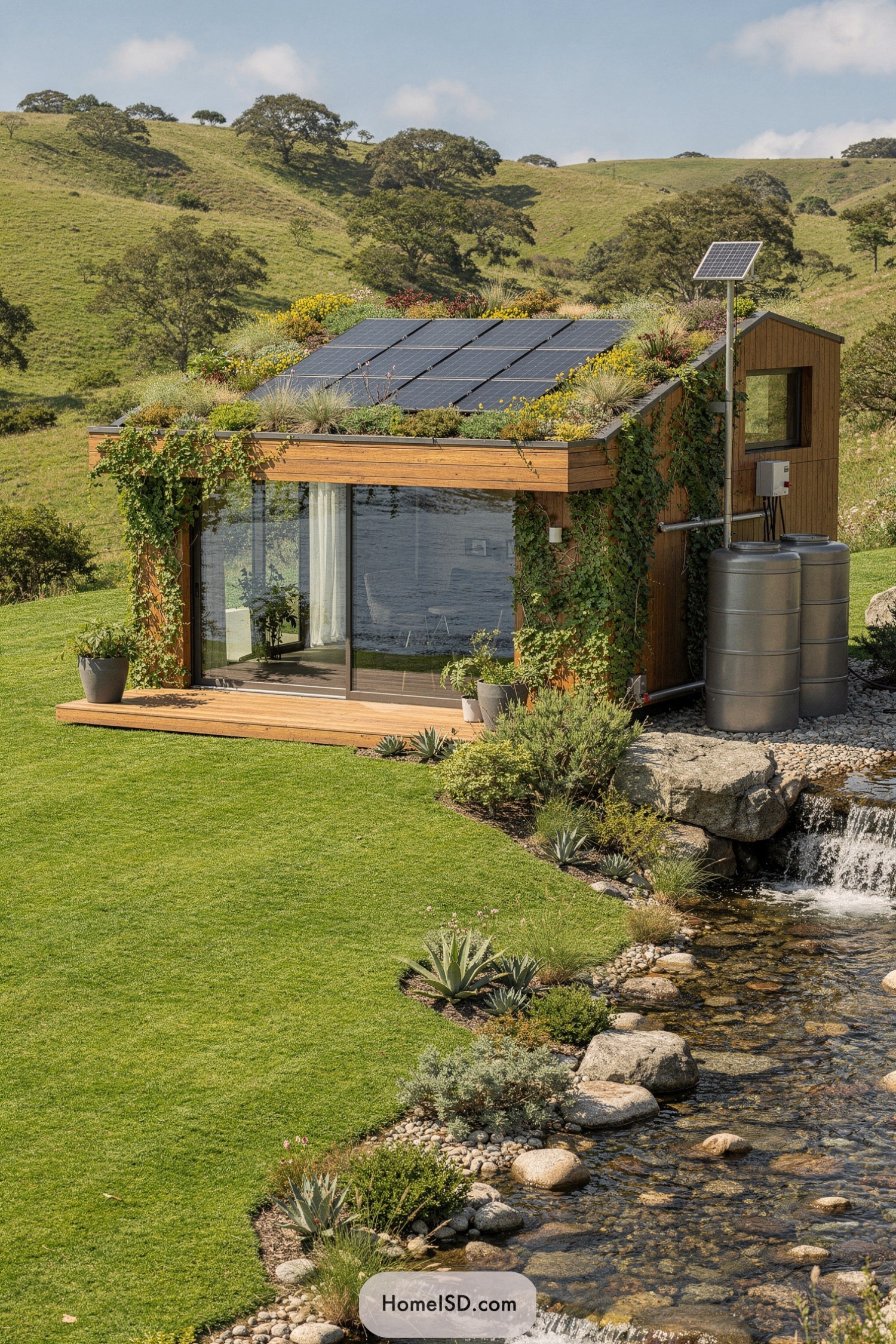 Modern tiny cabin with solar green roof beside landscaped stream