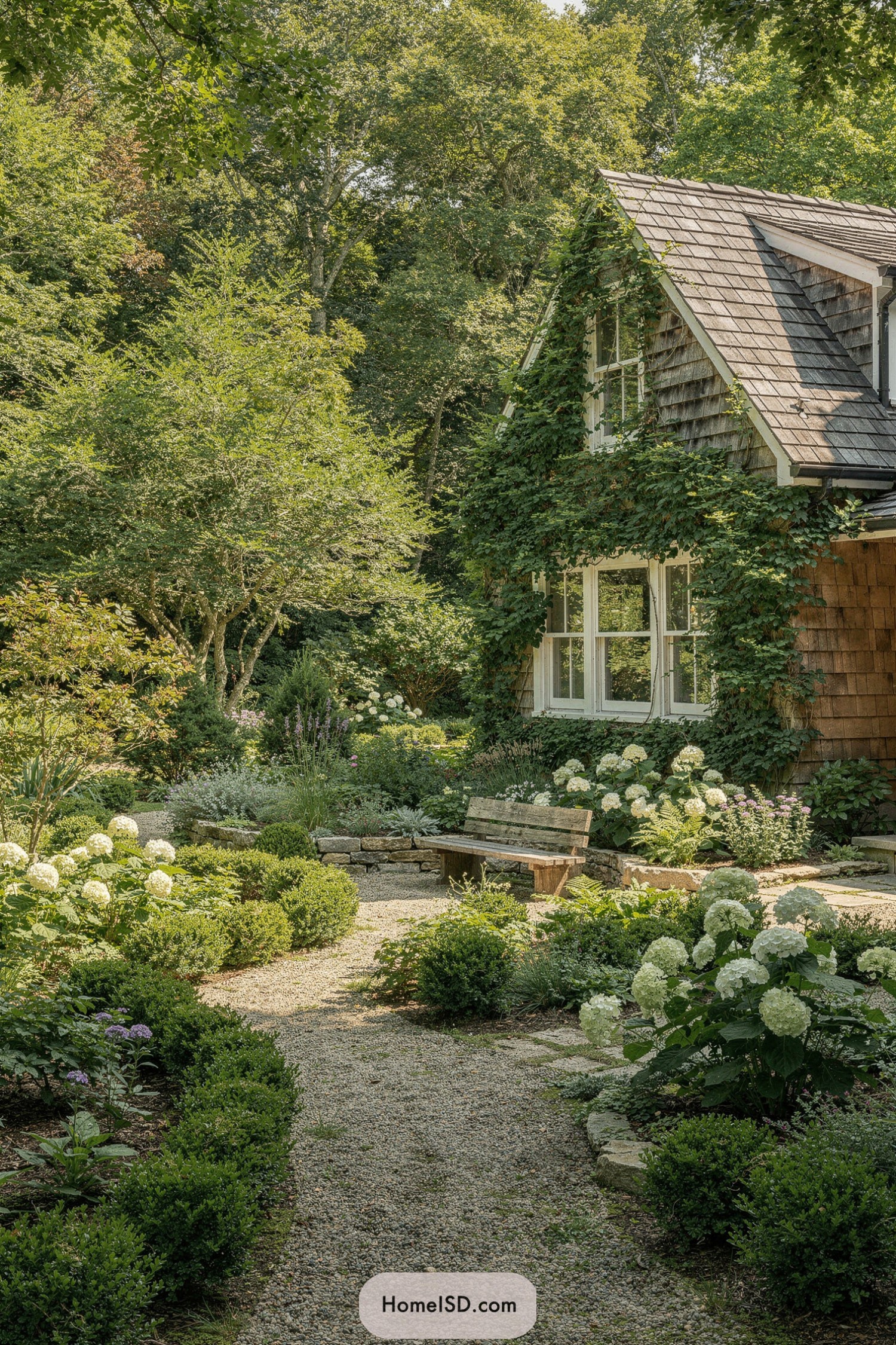 Shingled cottage covered in ivy with gravel garden path, bench, and flowering shrubs