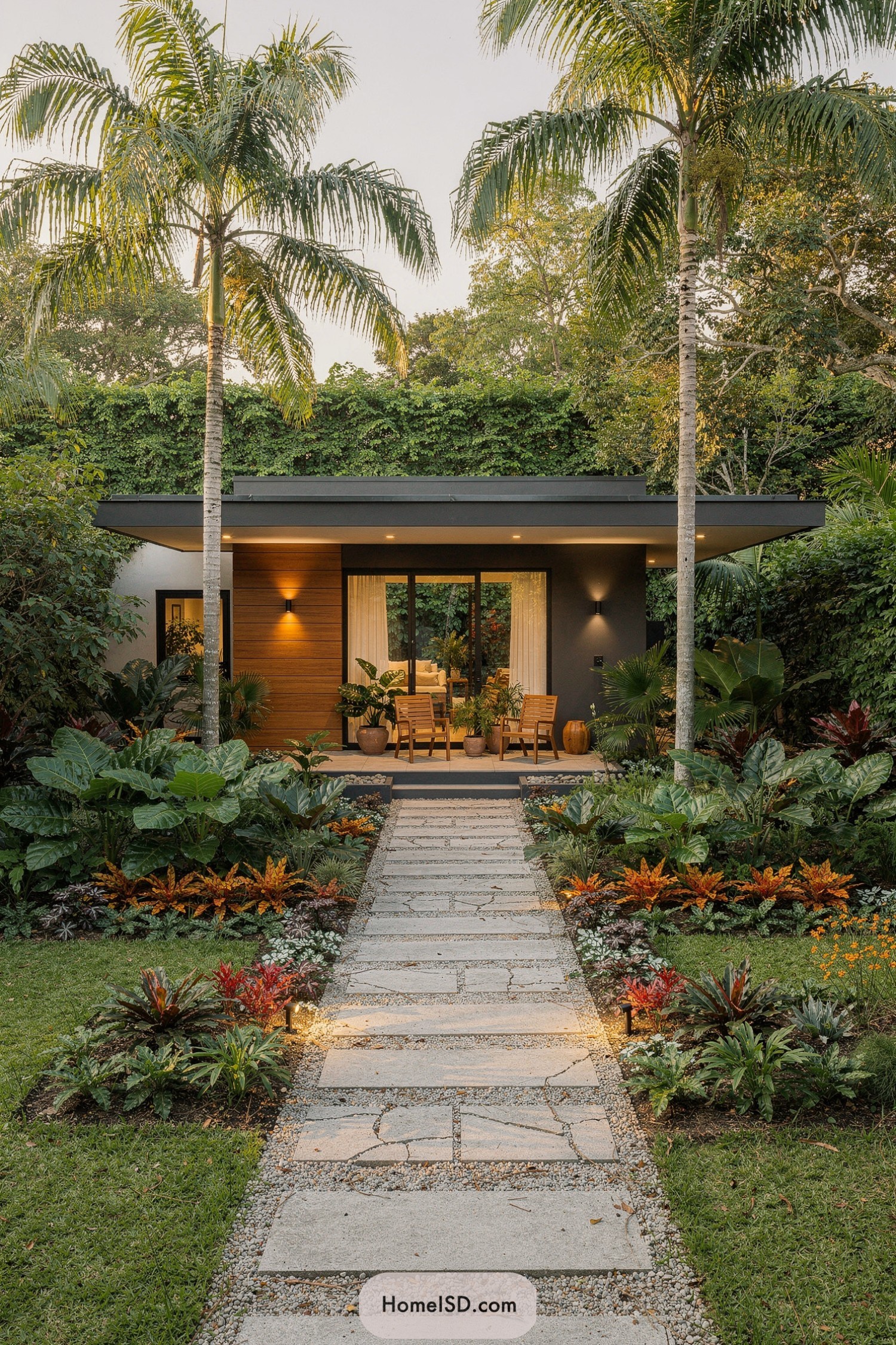 Warm modern bungalow with stone path and lush tropical garden under tall palm trees at dusk