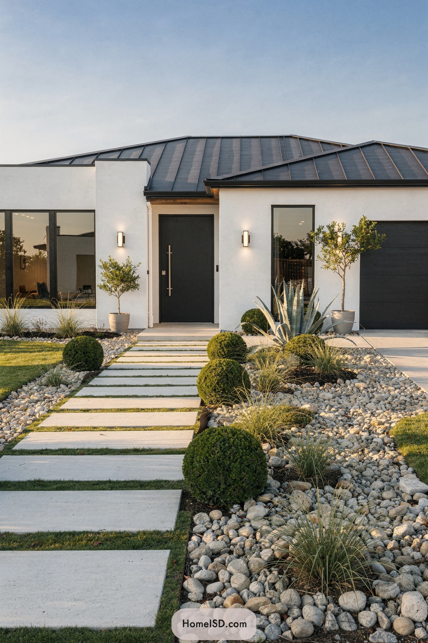 Modern front yard with large pavers flanked by river rock and clipped shrubs