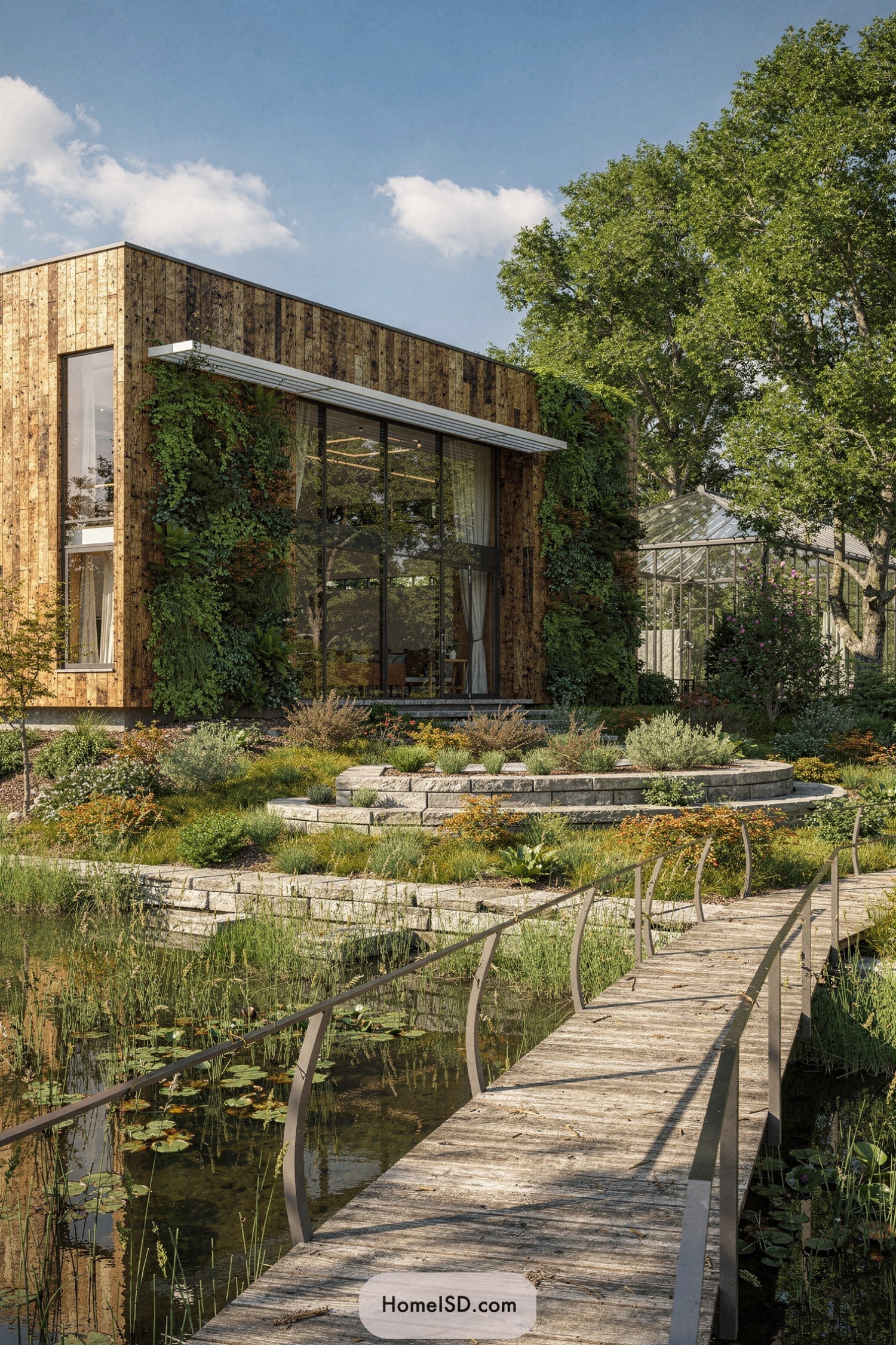 Modern wood house with pond and arched bridge