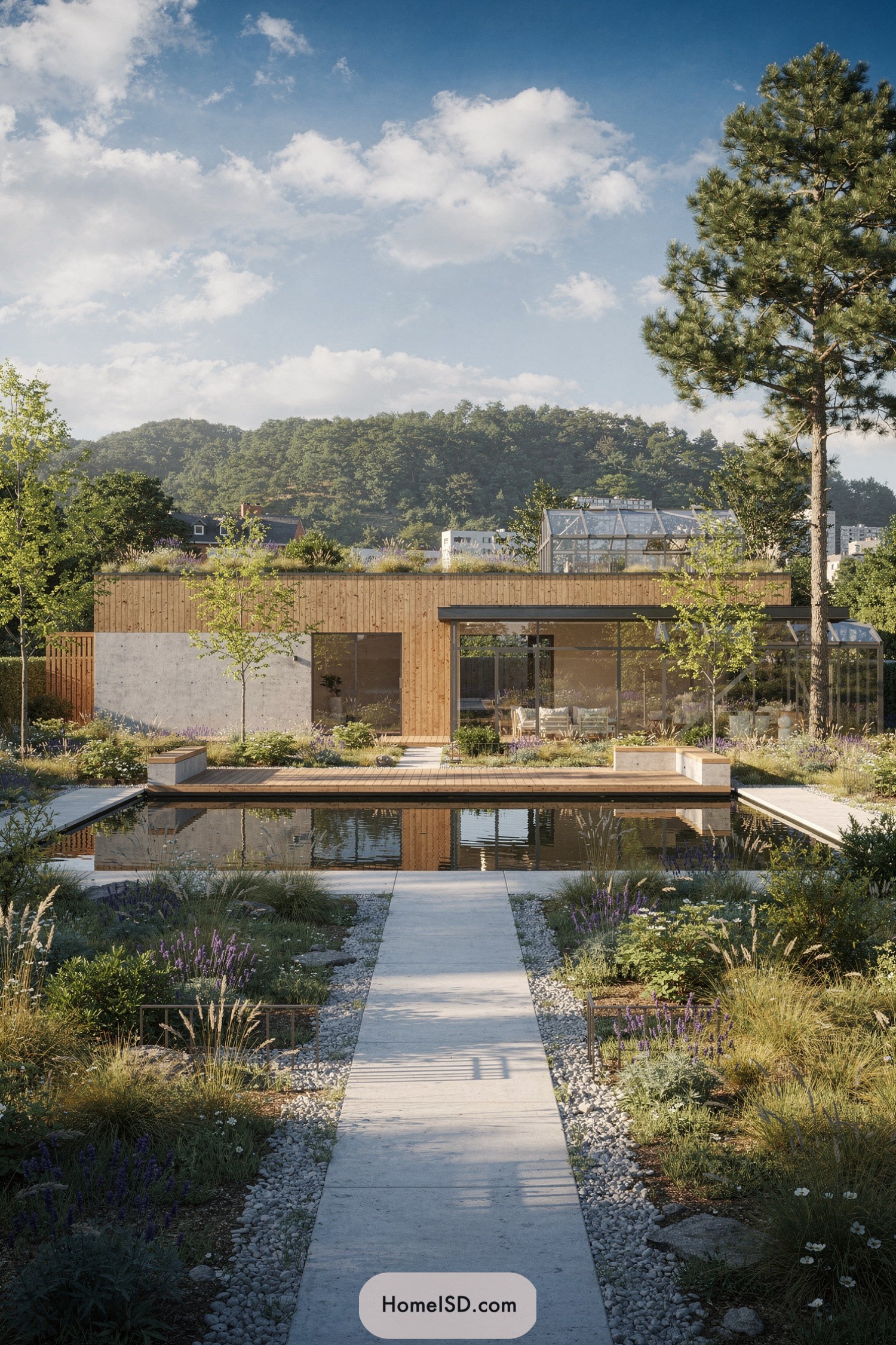 Modern wood house with reflecting pond and naturalistic garden