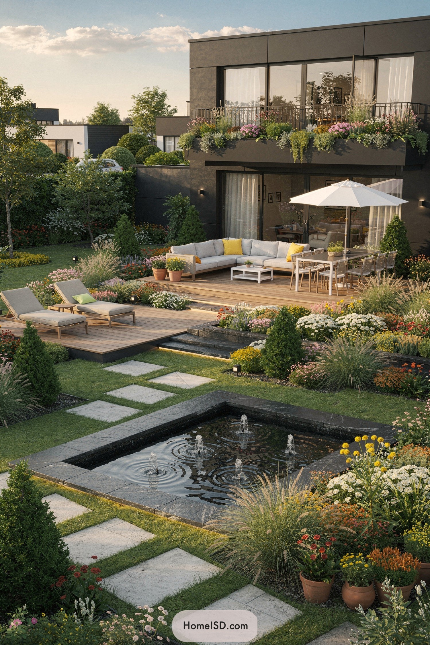 Modern backyard with deck, fountain, and lush plantings