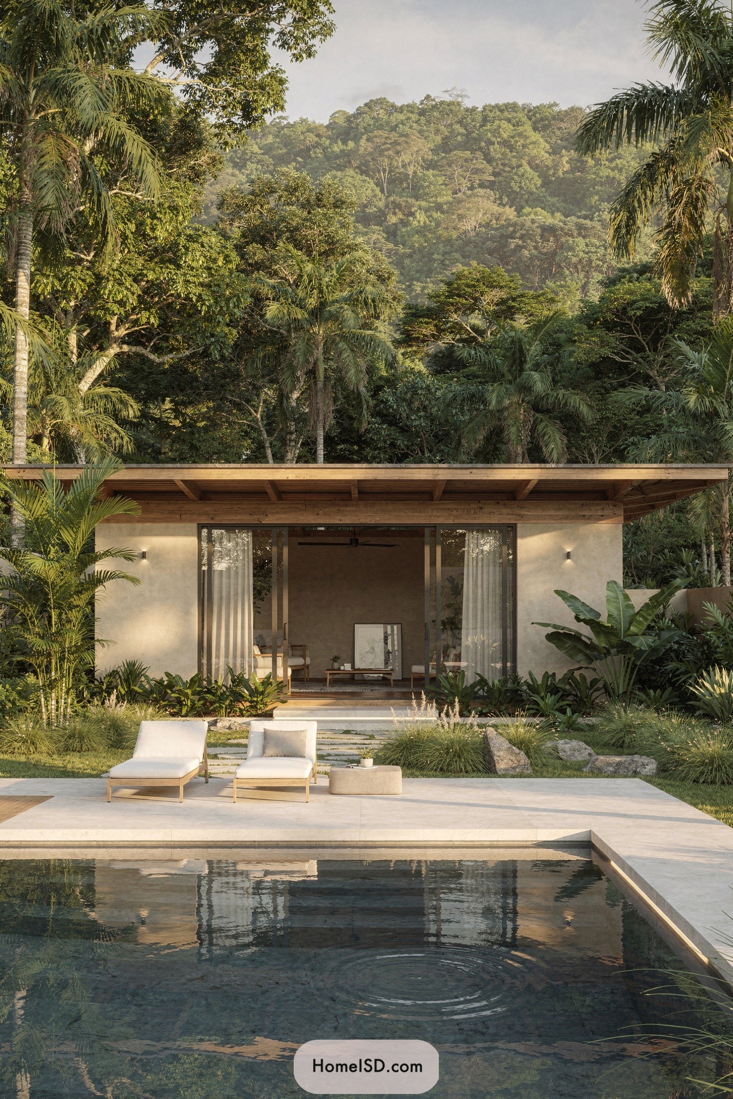 Modern jungle pavilion with stone pool deck