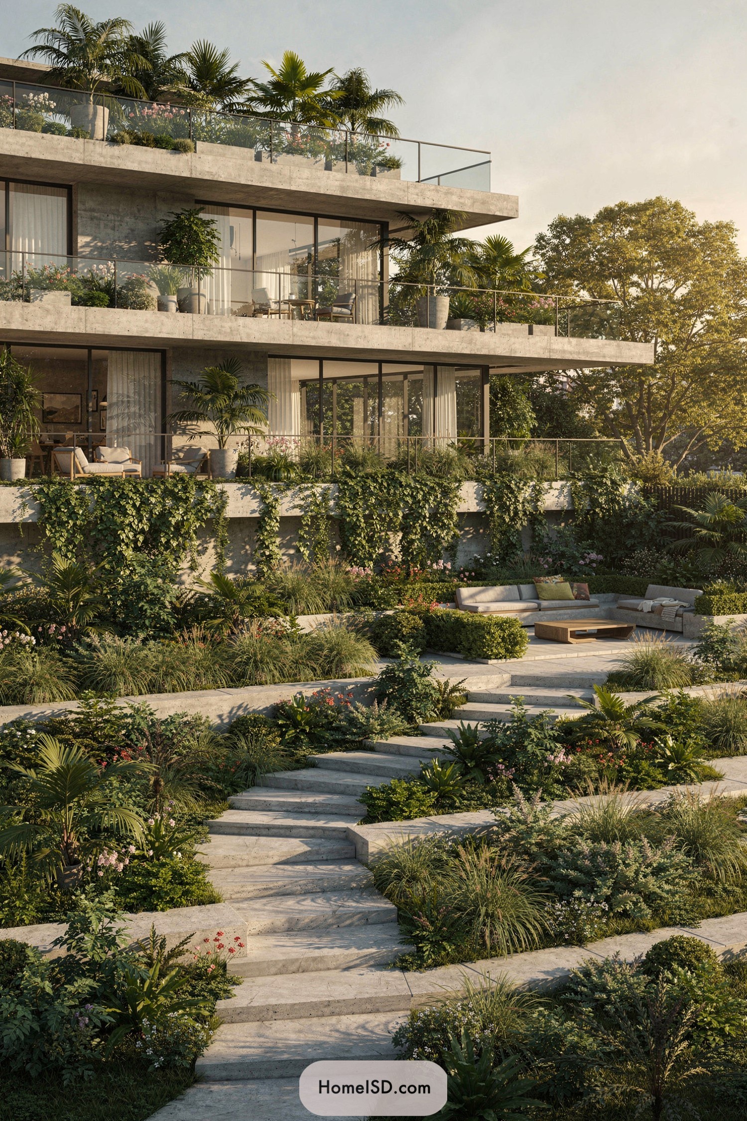 Modern terraced home with lush greenery