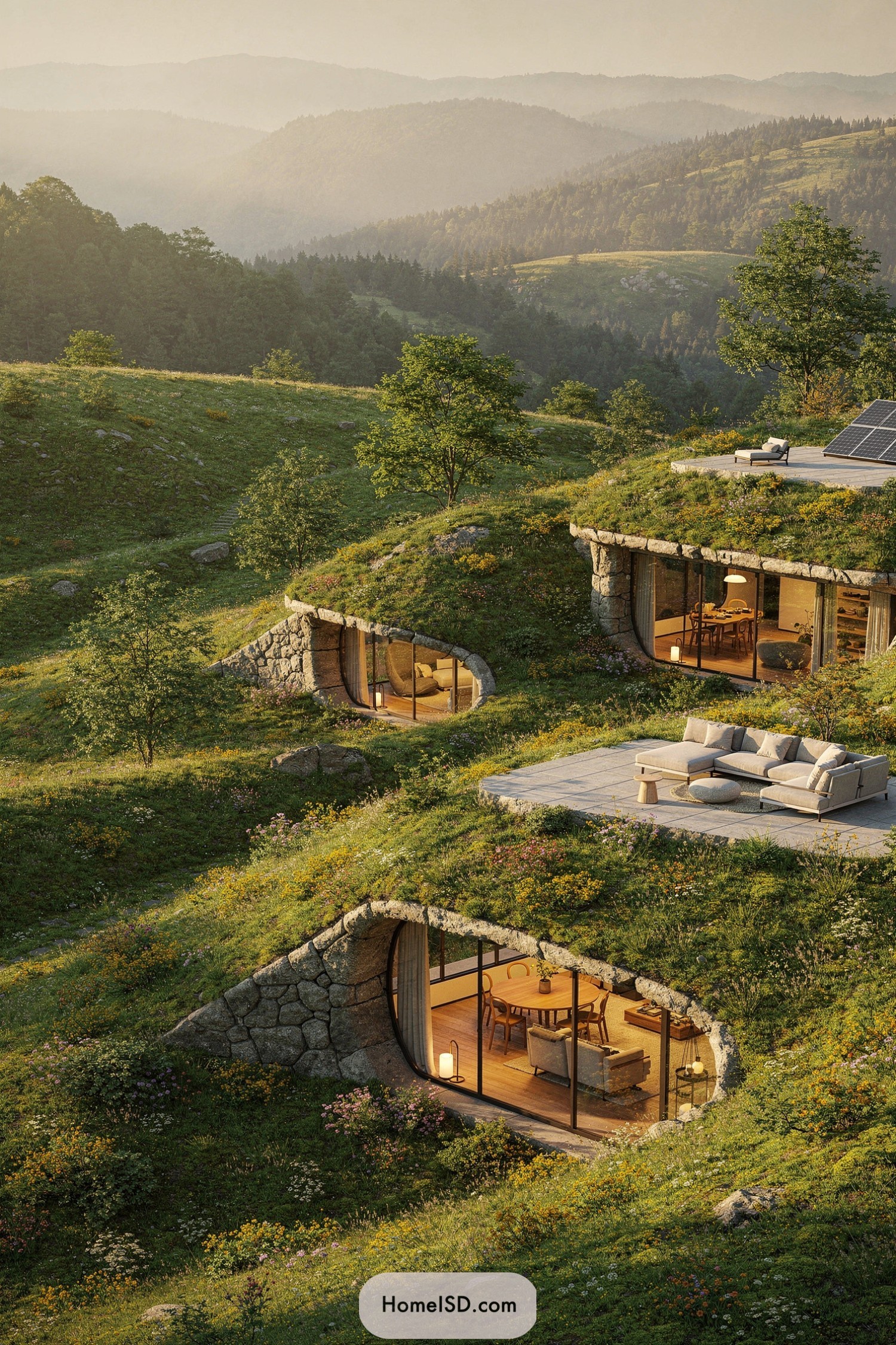 Terraced earth-sheltered home built into a grassy hillside with sweeping glass fronts and green roofs