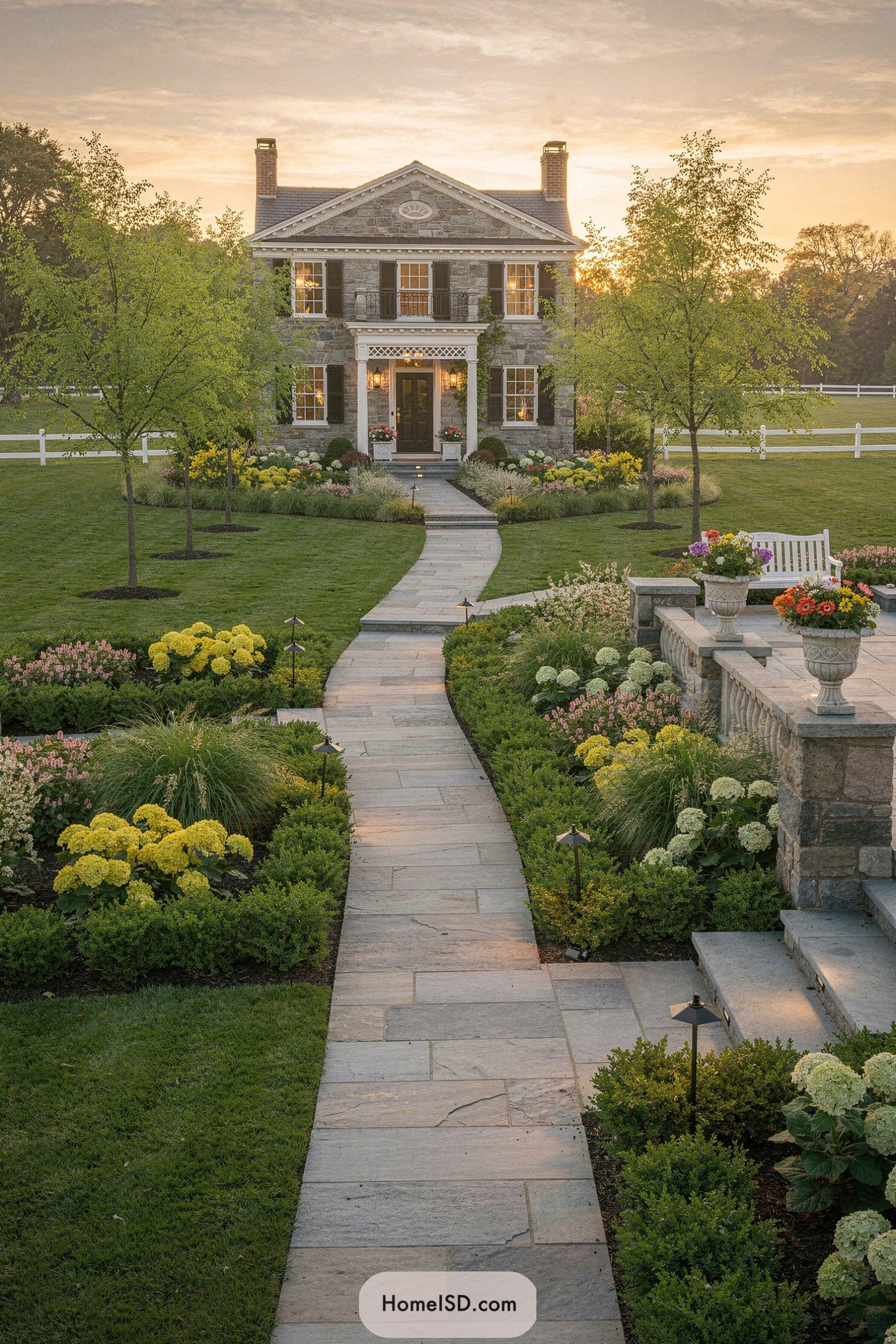 Curving stone path through manicured flower beds leading to a classic stone house at sunset