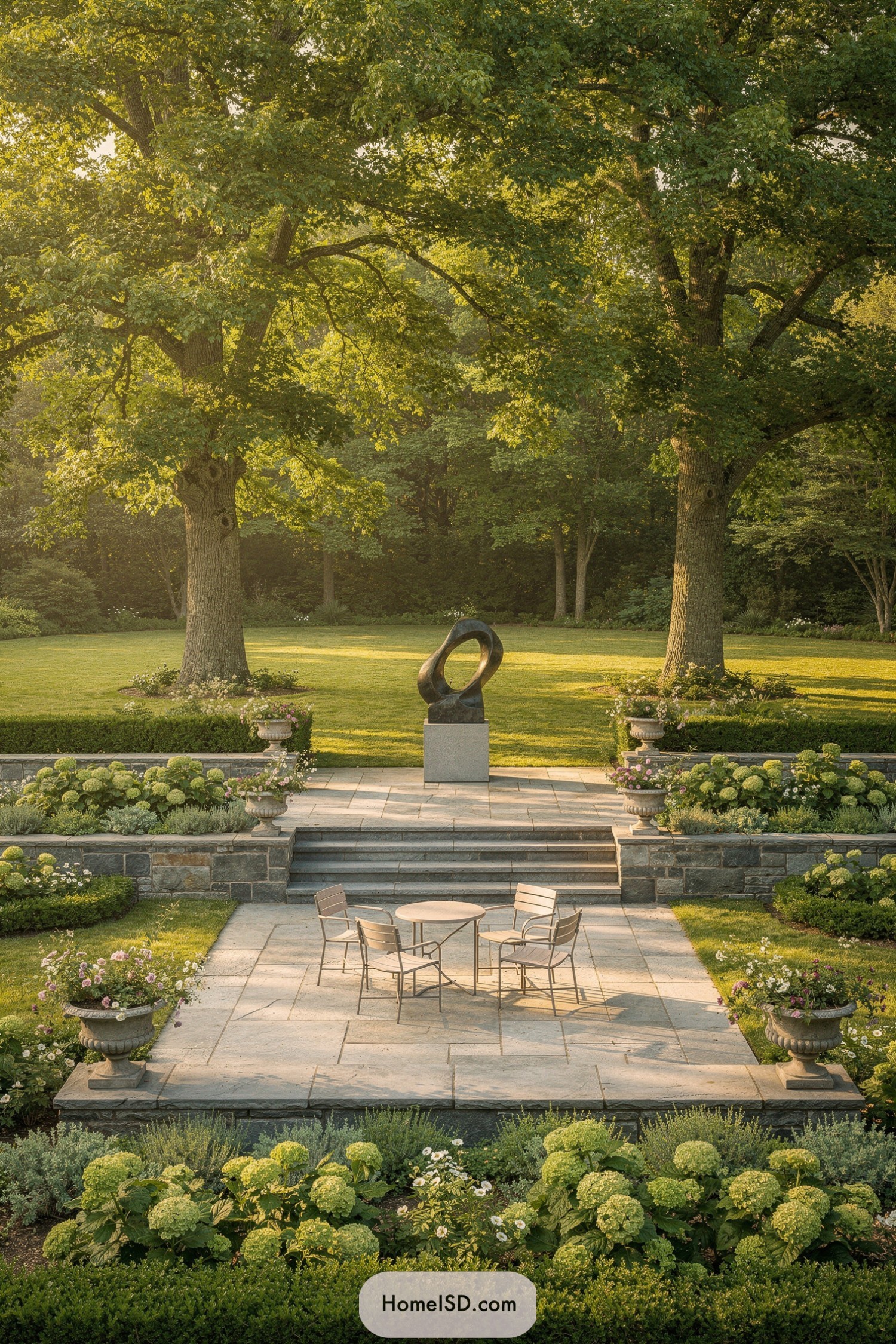 Tiered stone patio with central abstract sculpture and surrounding formal plantings