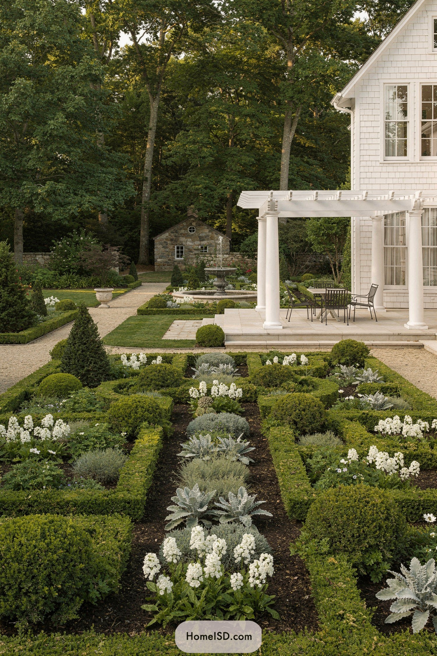 Formal boxwood parterre with white pergola beside shingled house and woodland backdrop