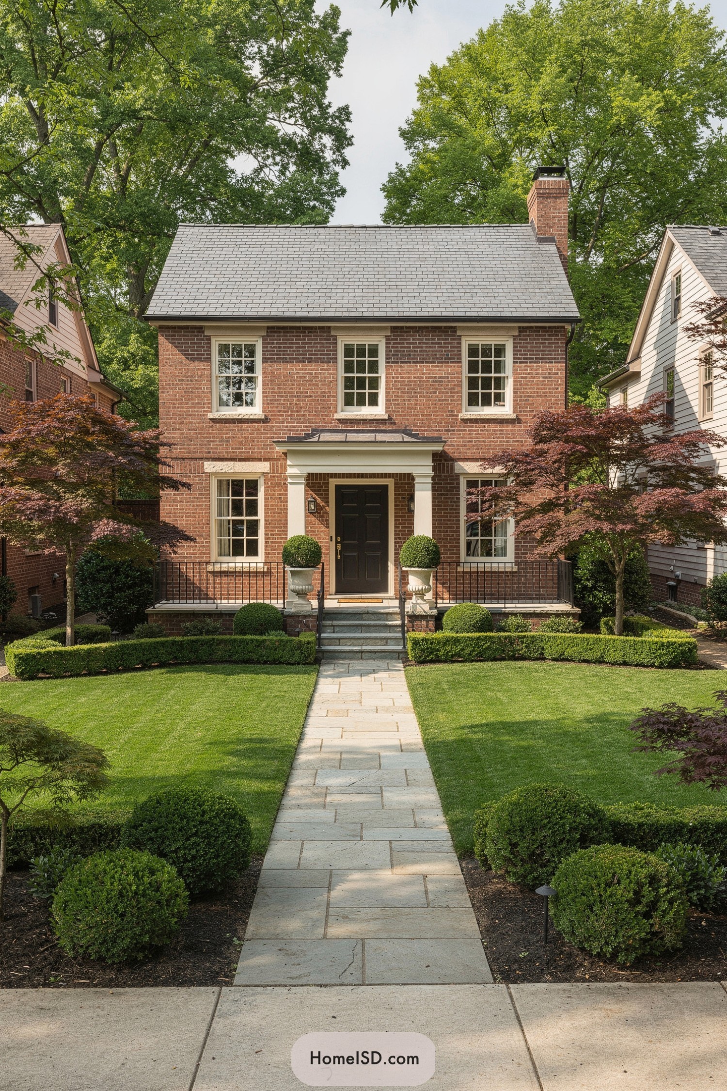 Manicured front lawn leading to a brick home