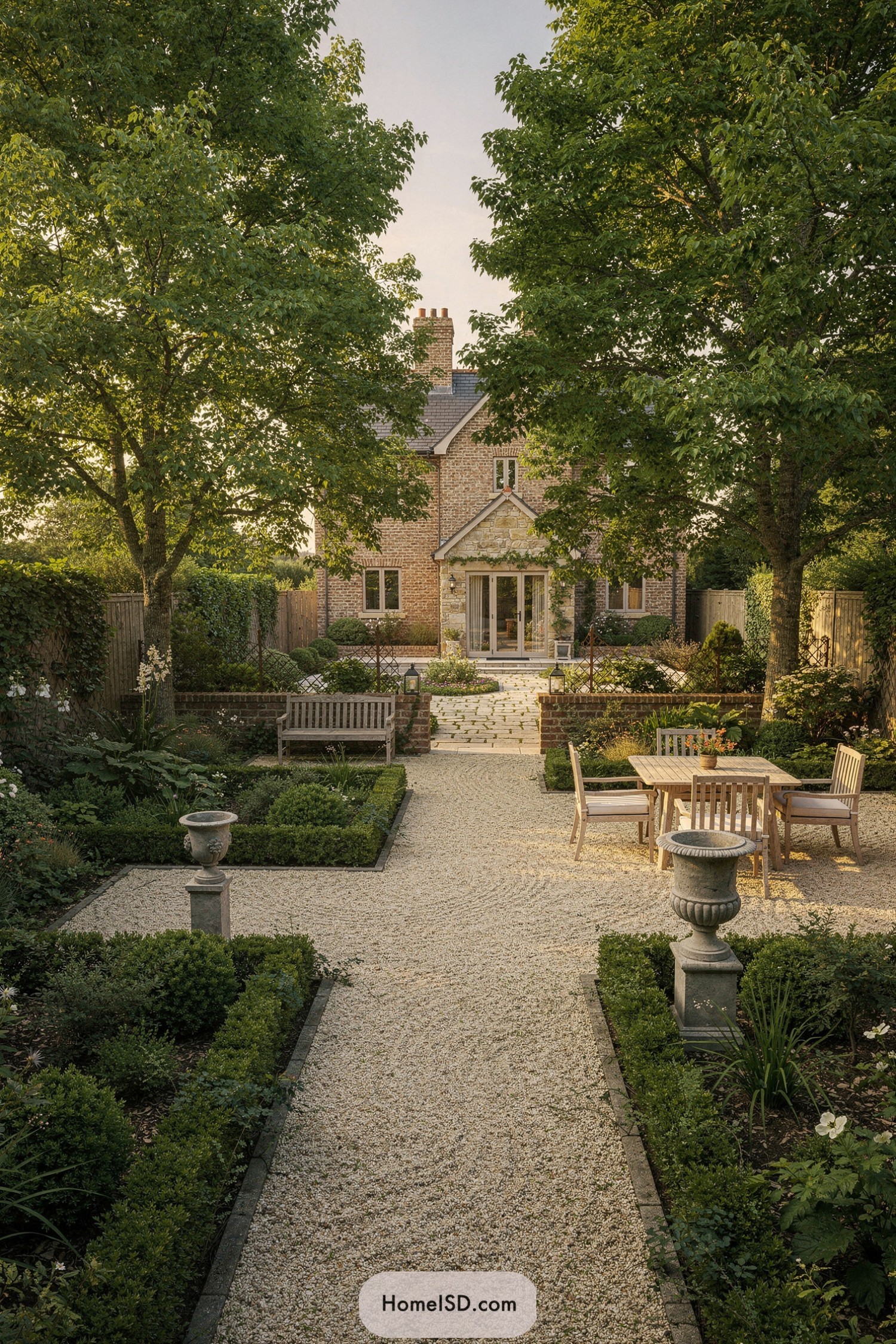 Formal gravel garden with seating leading to brick house