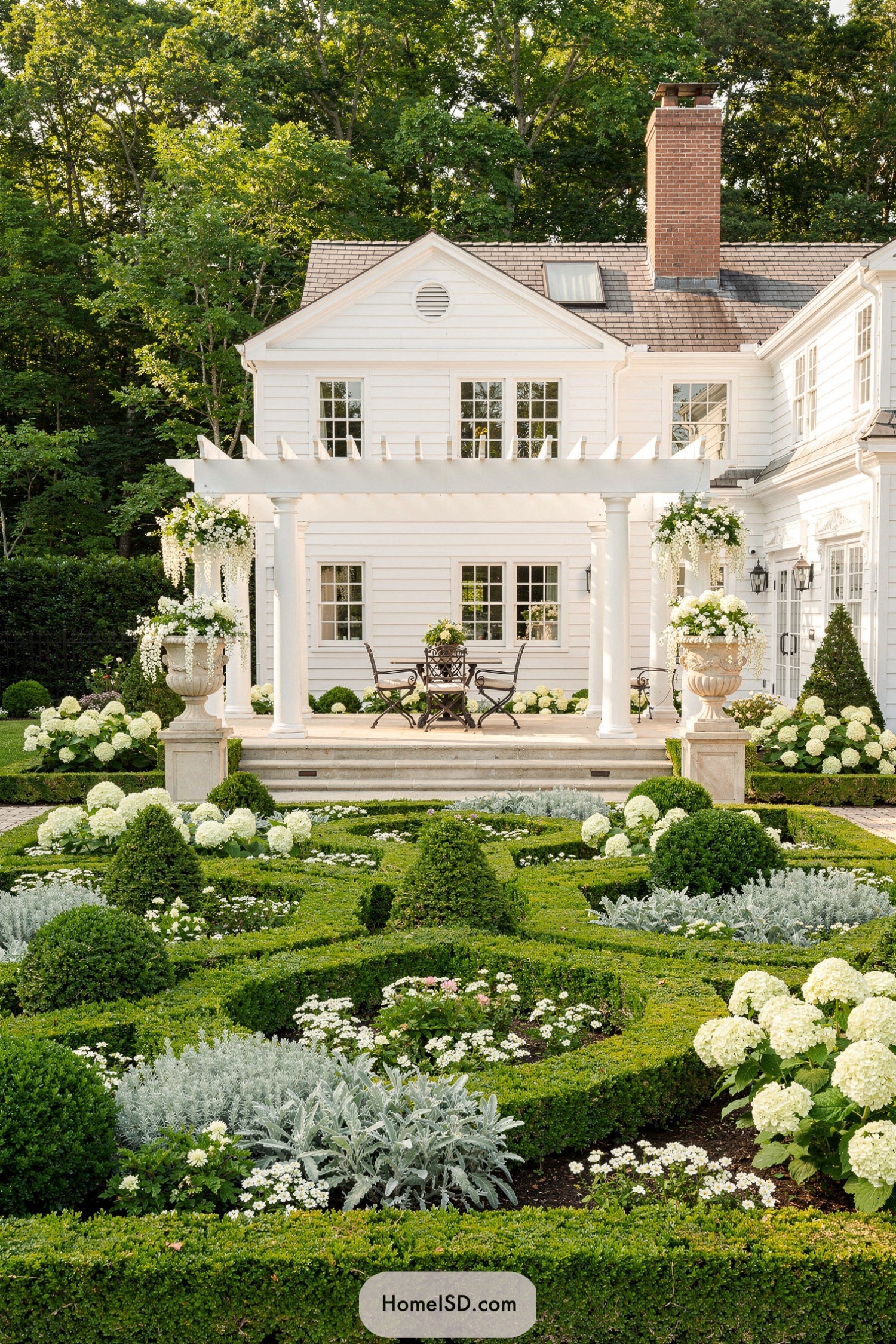 Formal boxwood parterre leading to white pergola patio