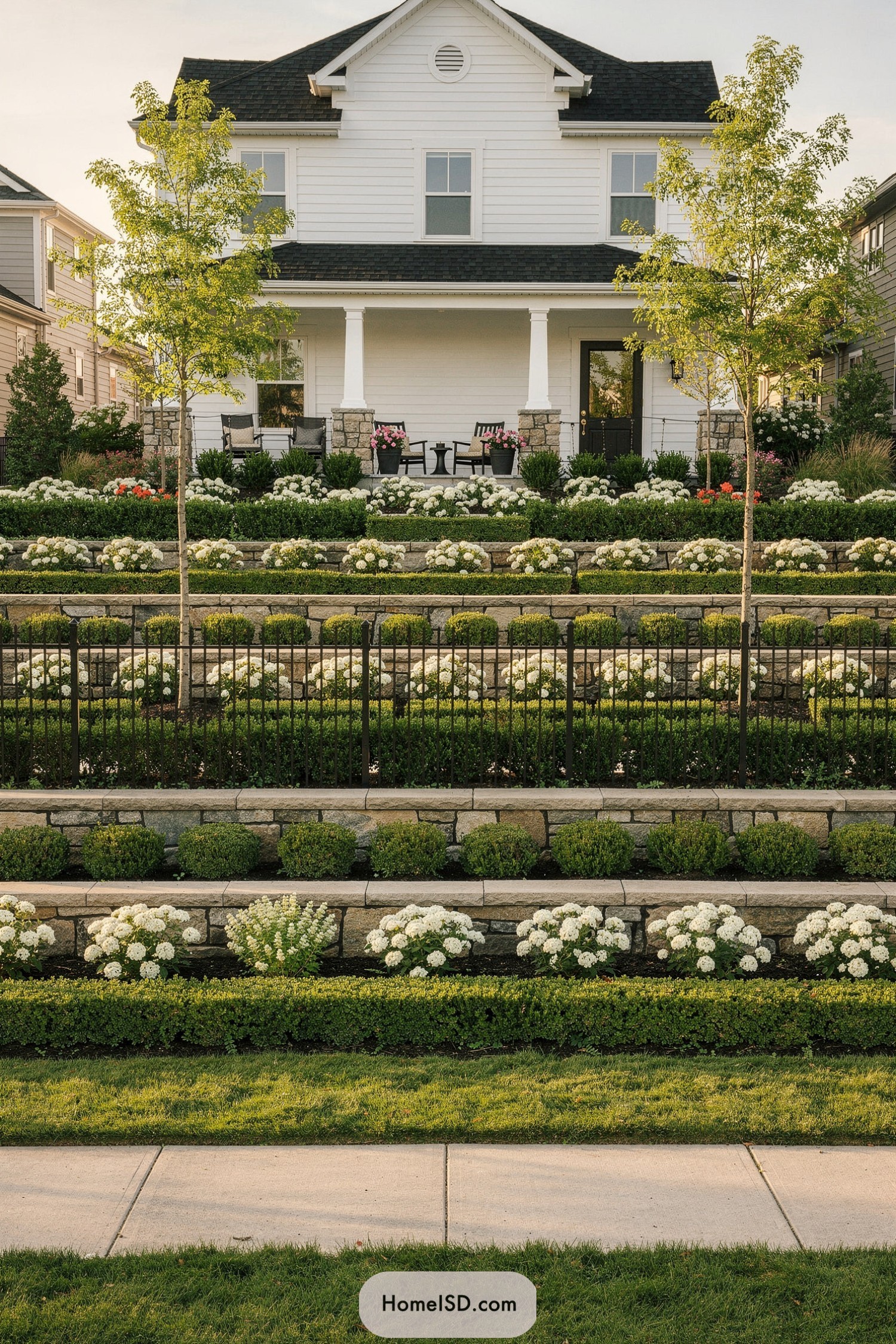 Tiered stone retaining walls with white flowering shrubs leading up to a white farmhouse-style home