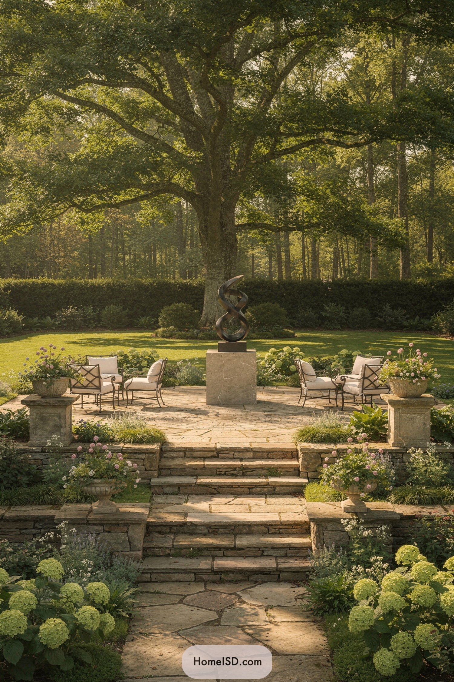 Tiered stone patio with sculpture and seating in a lush garden