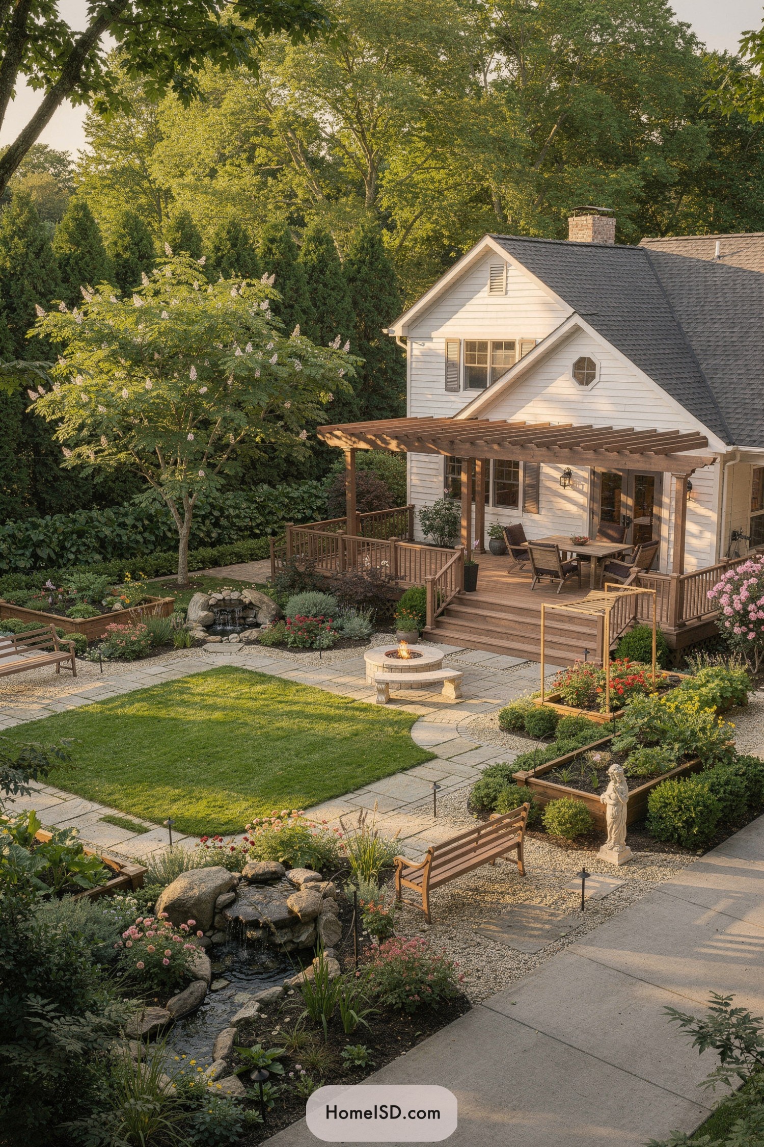 Cozy cottage backyard with pergola deck fire pit lawn and lush gardens