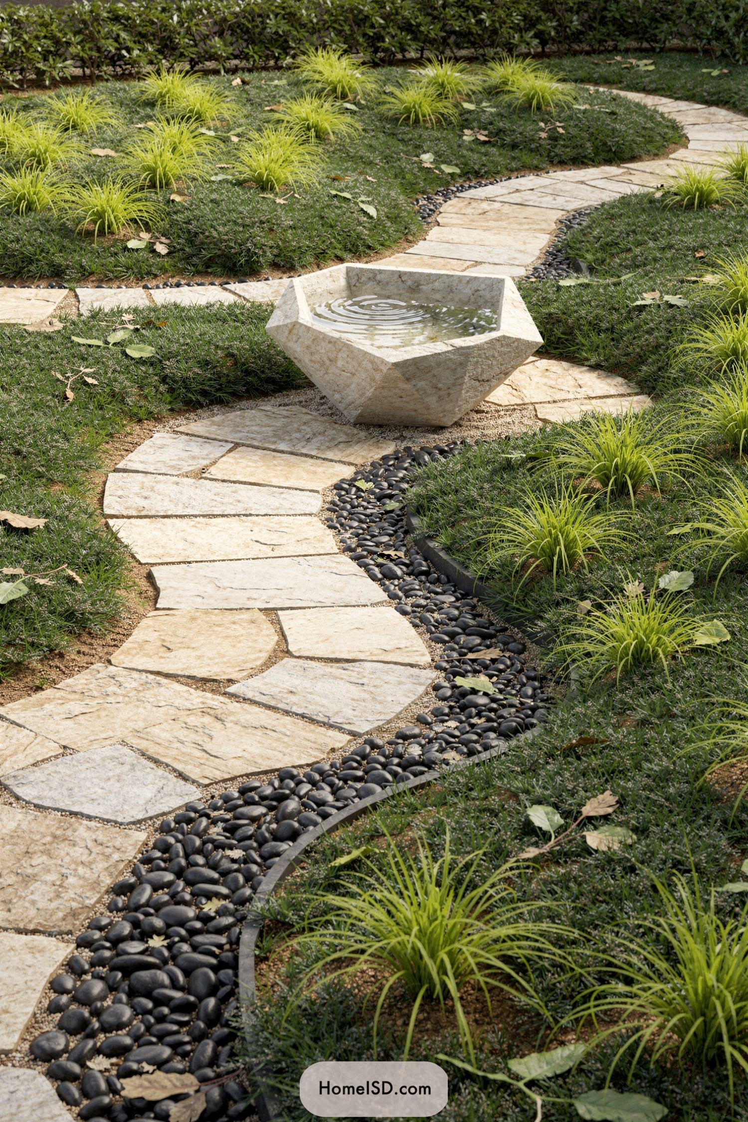 Curving stone garden path with sculptural basin