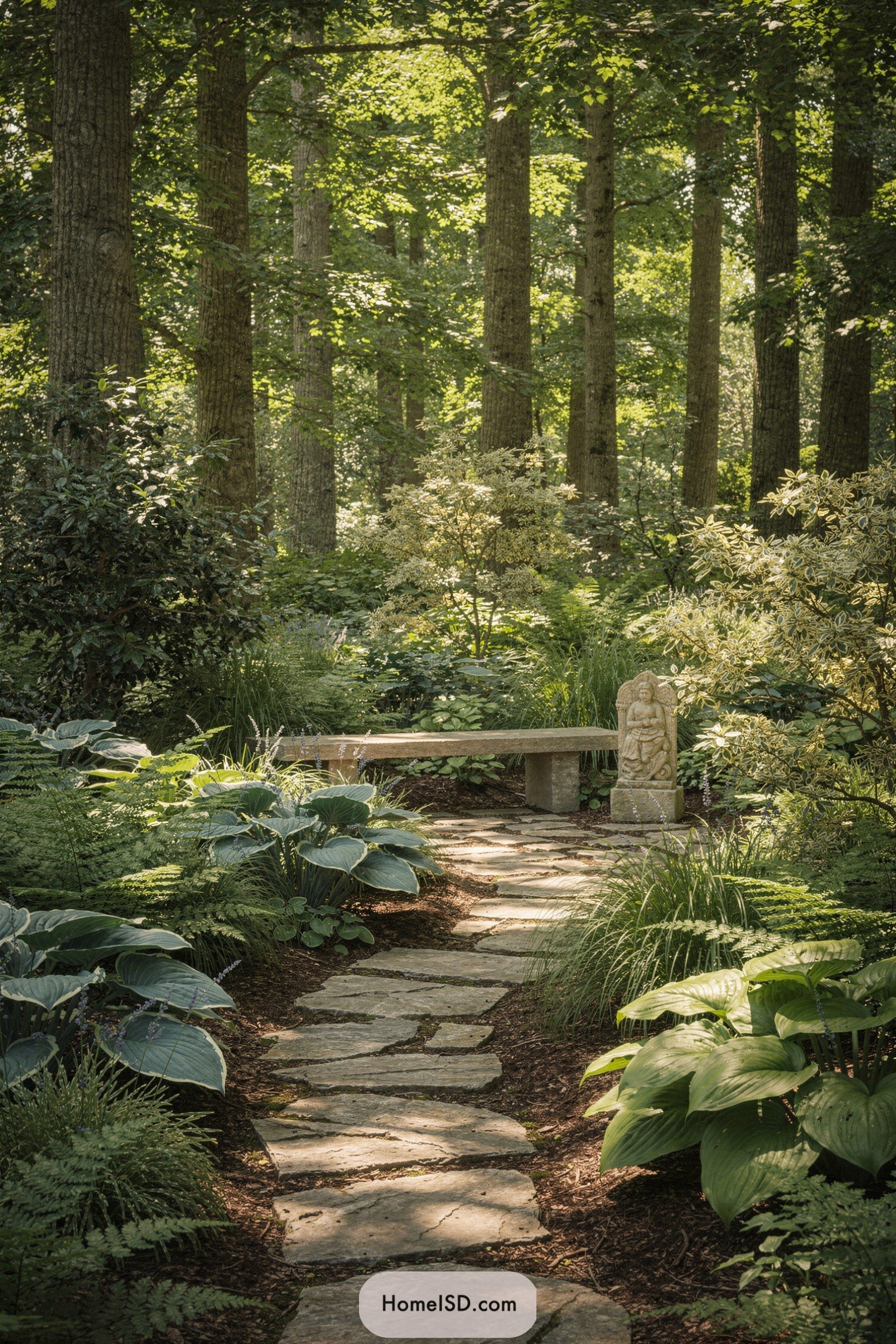 Stone path through lush woodland to bench and small statue