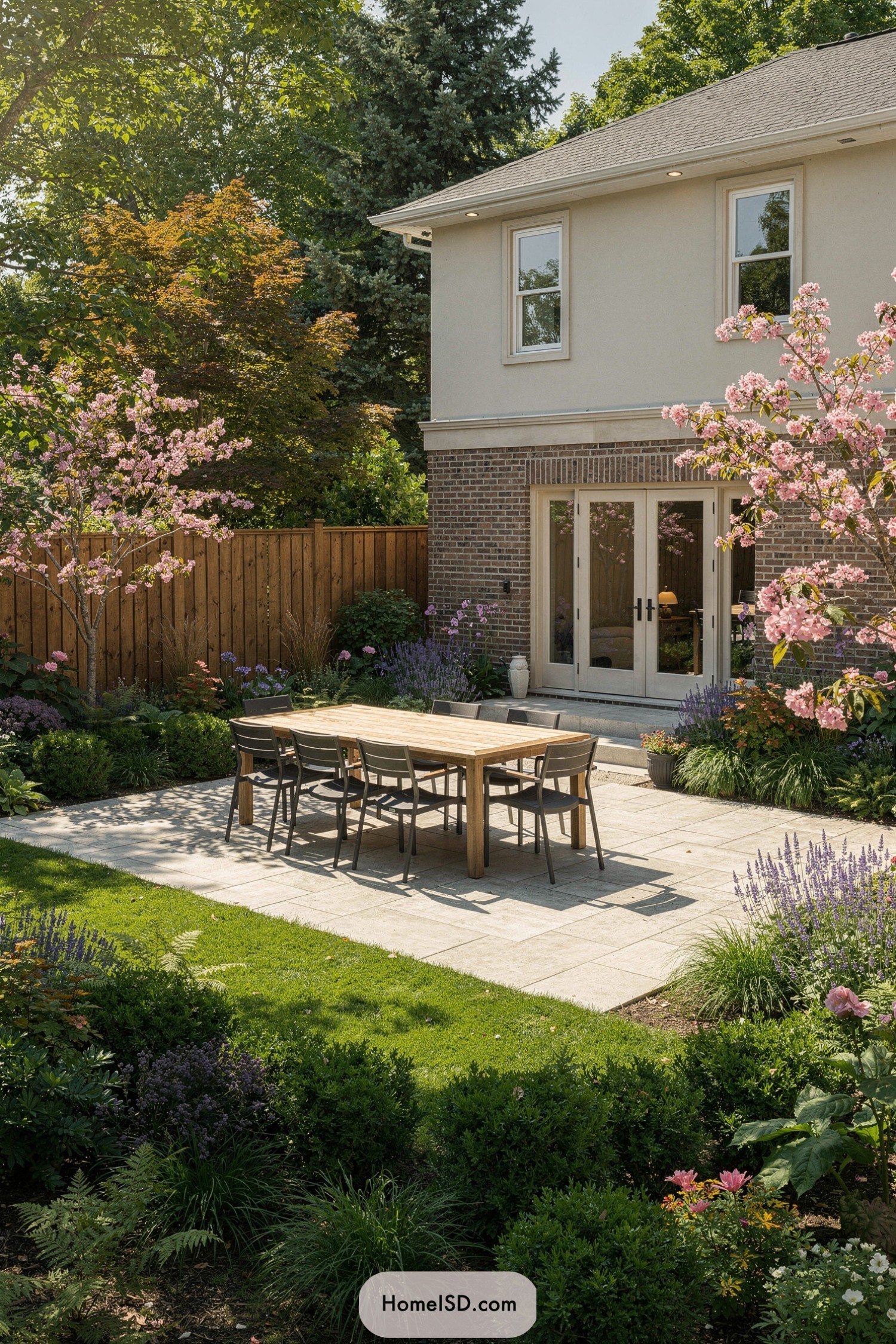 Backyard stone patio with wooden dining table surrounded by lush flowering garden beds and small trees