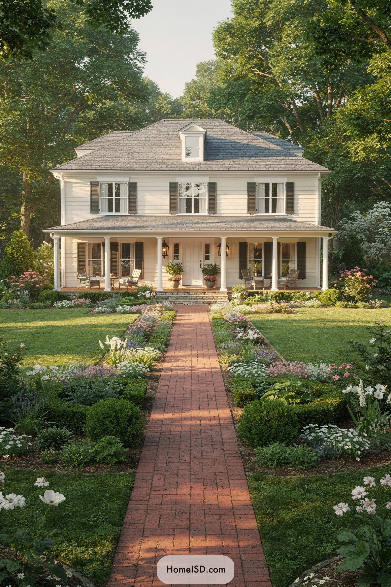 Classic white house with long central brick walkway flanked by symmetrical flower beds and lawn