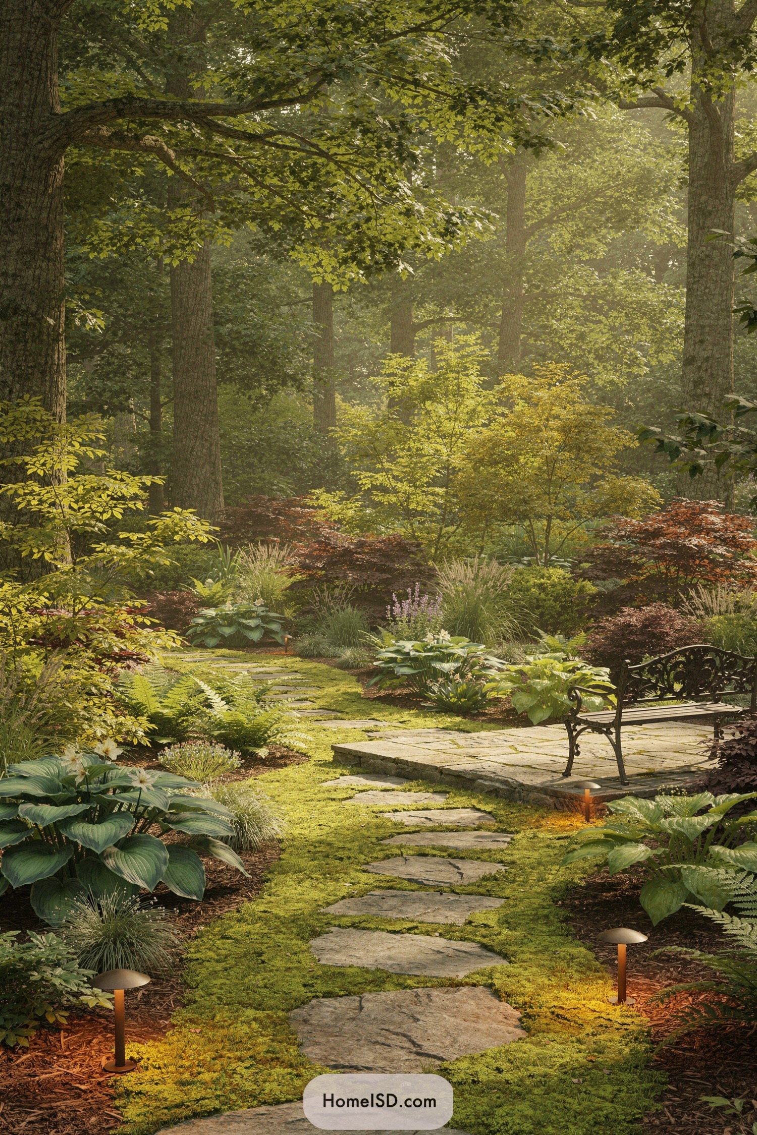 Mossy flagstone path winding through a lush woodland garden toward a small stone terrace with a metal bench and path lights