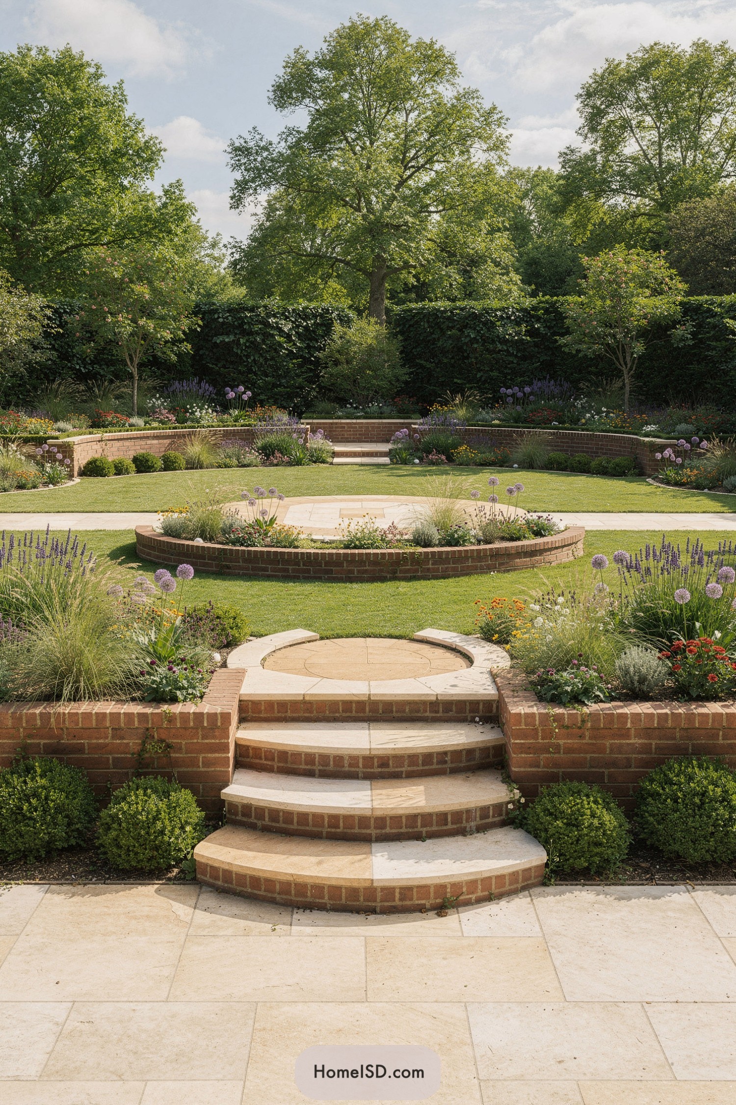 Terraced circular brick garden with lawn and flower beds
