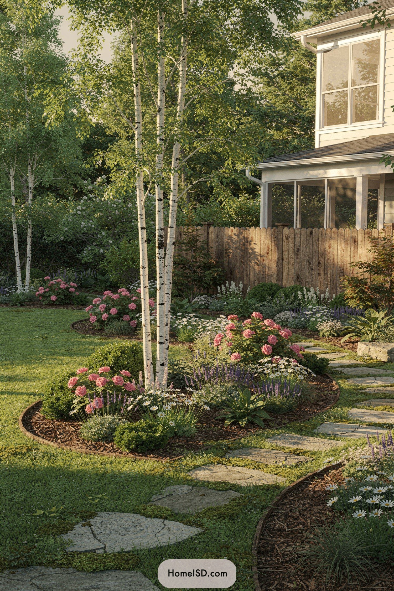 Curved stone path winding through birch trees and colorful flower beds beside a house