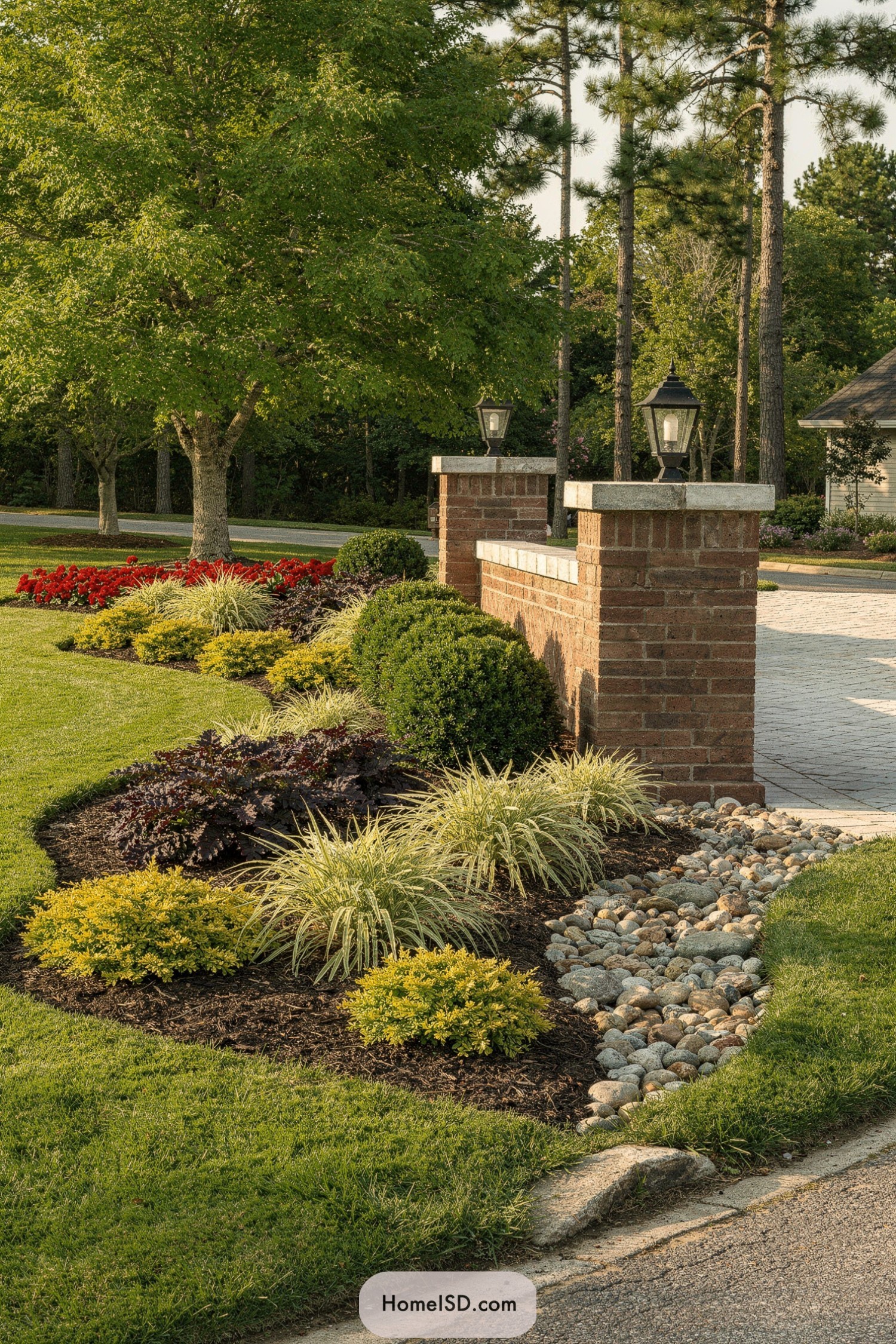 Brick driveway entrance with brick pillars, lanterns, curved planting beds, and dry river rock border