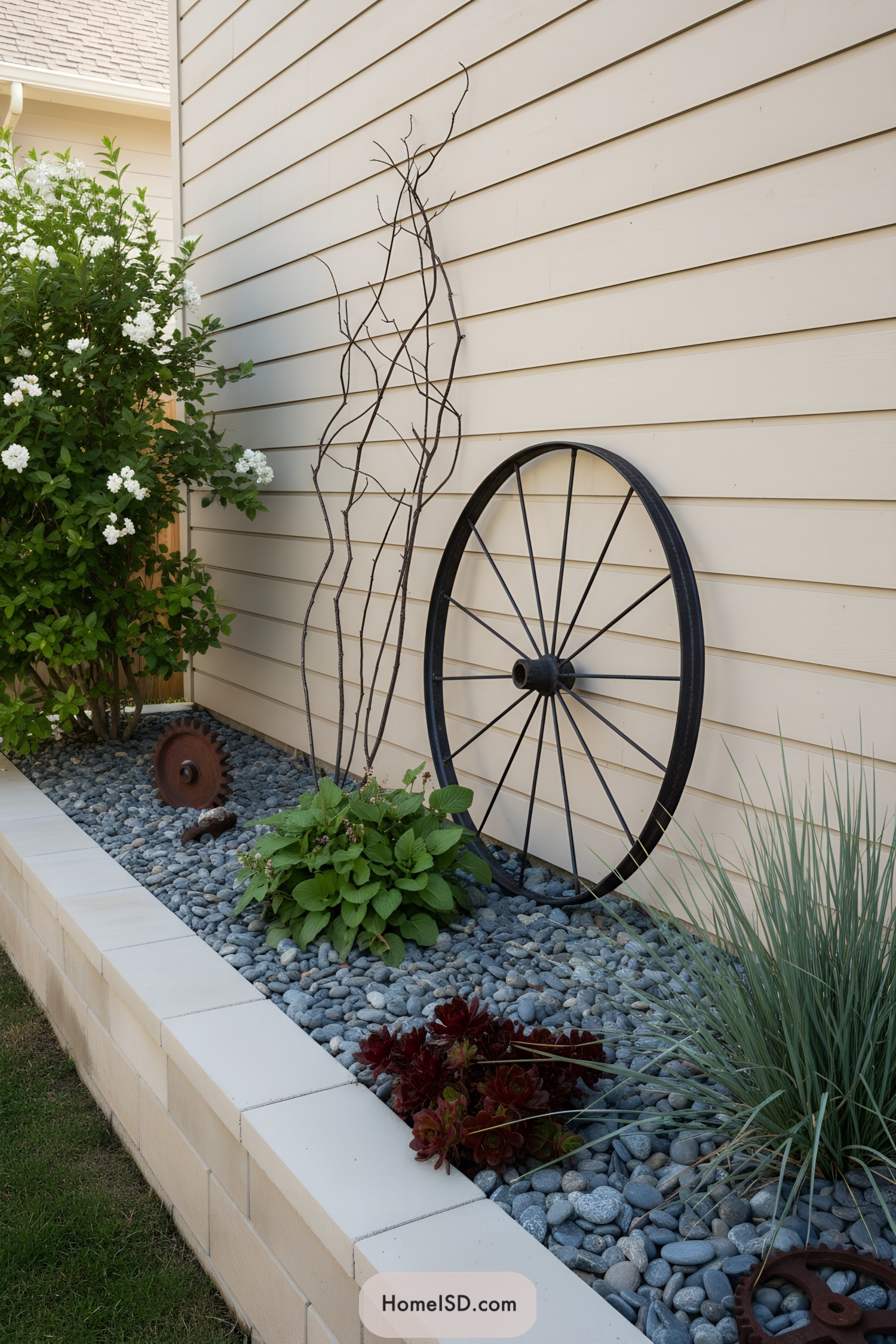 Wagon wheel garden vignette against beige siding with river rocks, grasses, and rusted gear accents