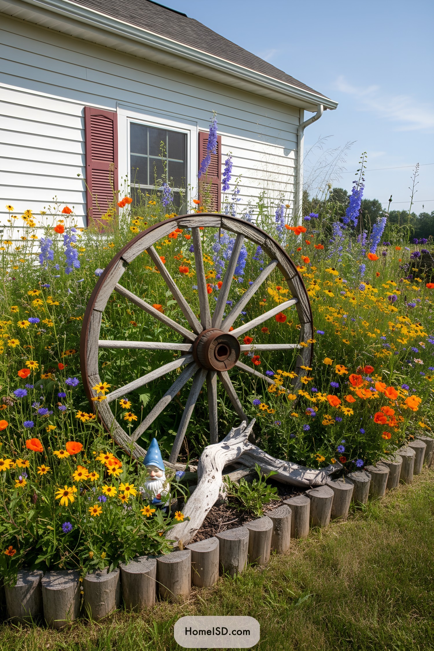 Weathered wagon wheel tucked into a bright wildflower bed beside a house with red shutters and a small garden gnome