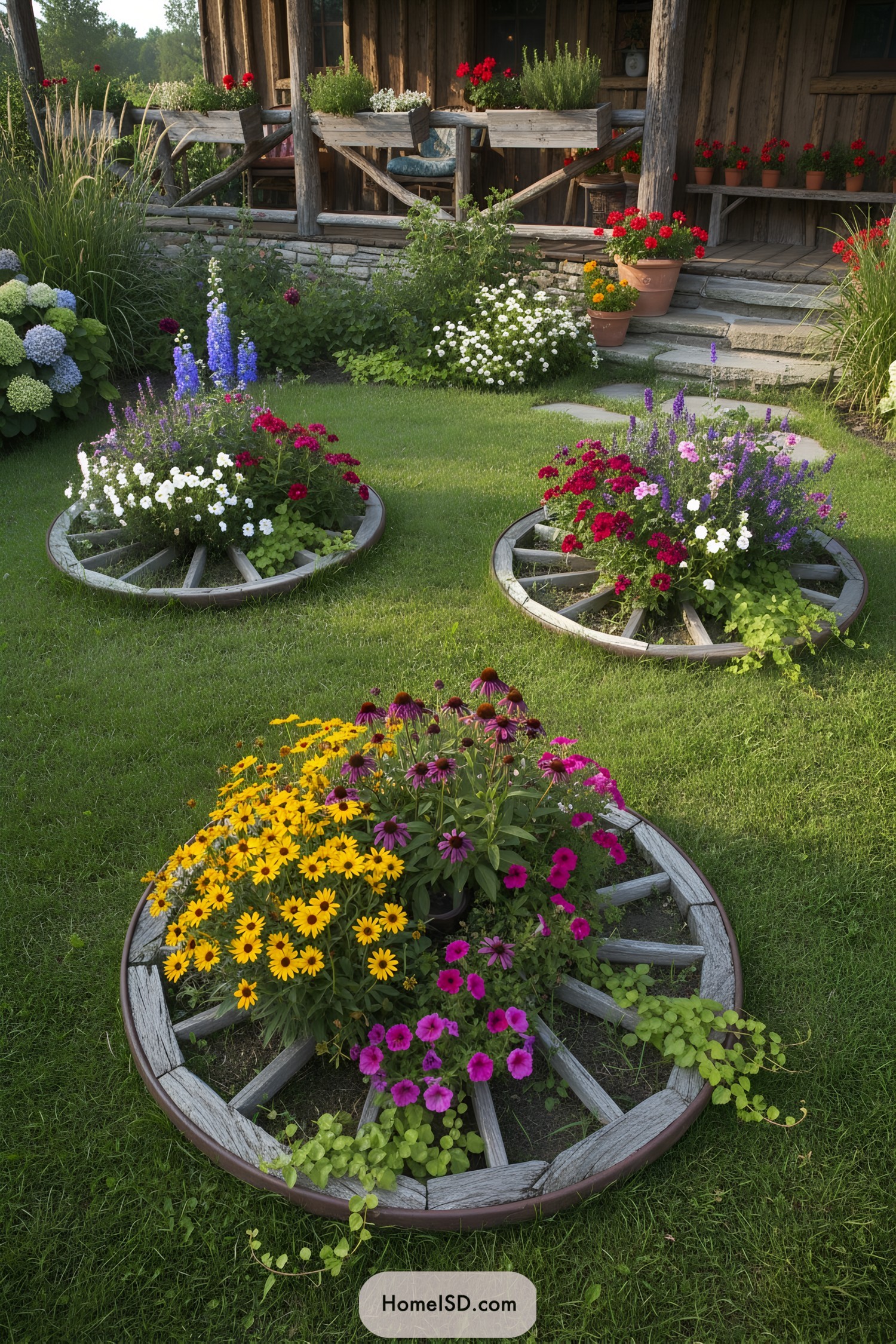 Three wagon wheel flower beds on lush lawn