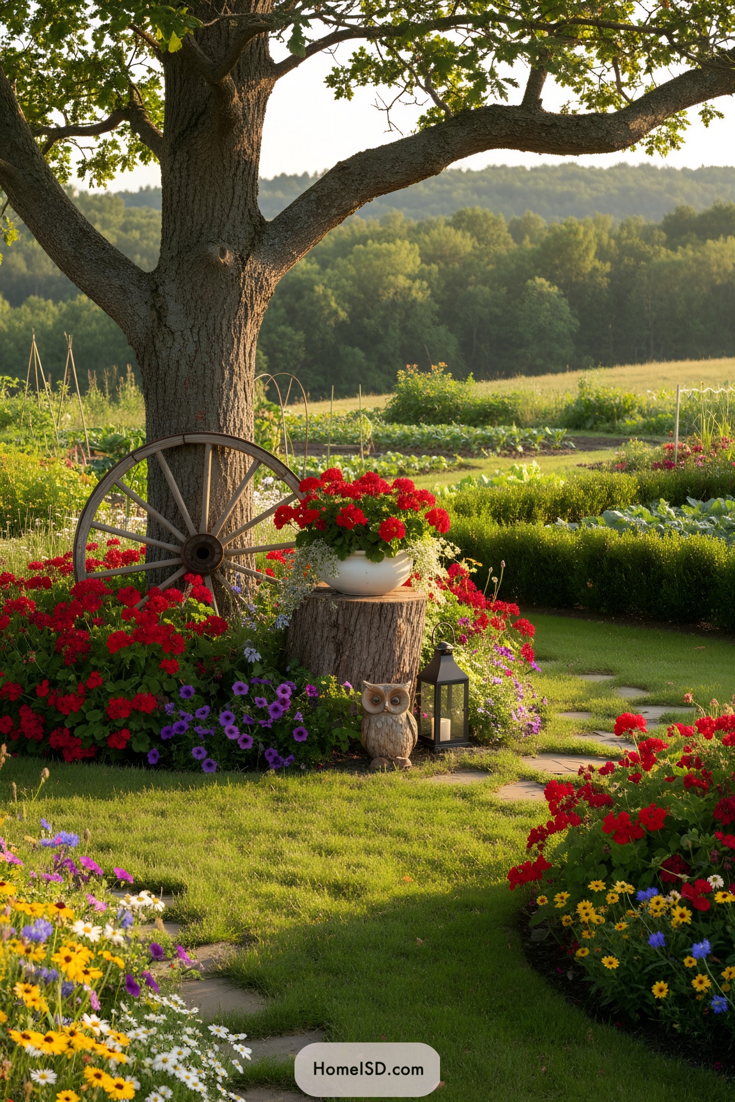 Vintage wagon wheel leaning under shade tree beside stump planter overflowing with bright flowers