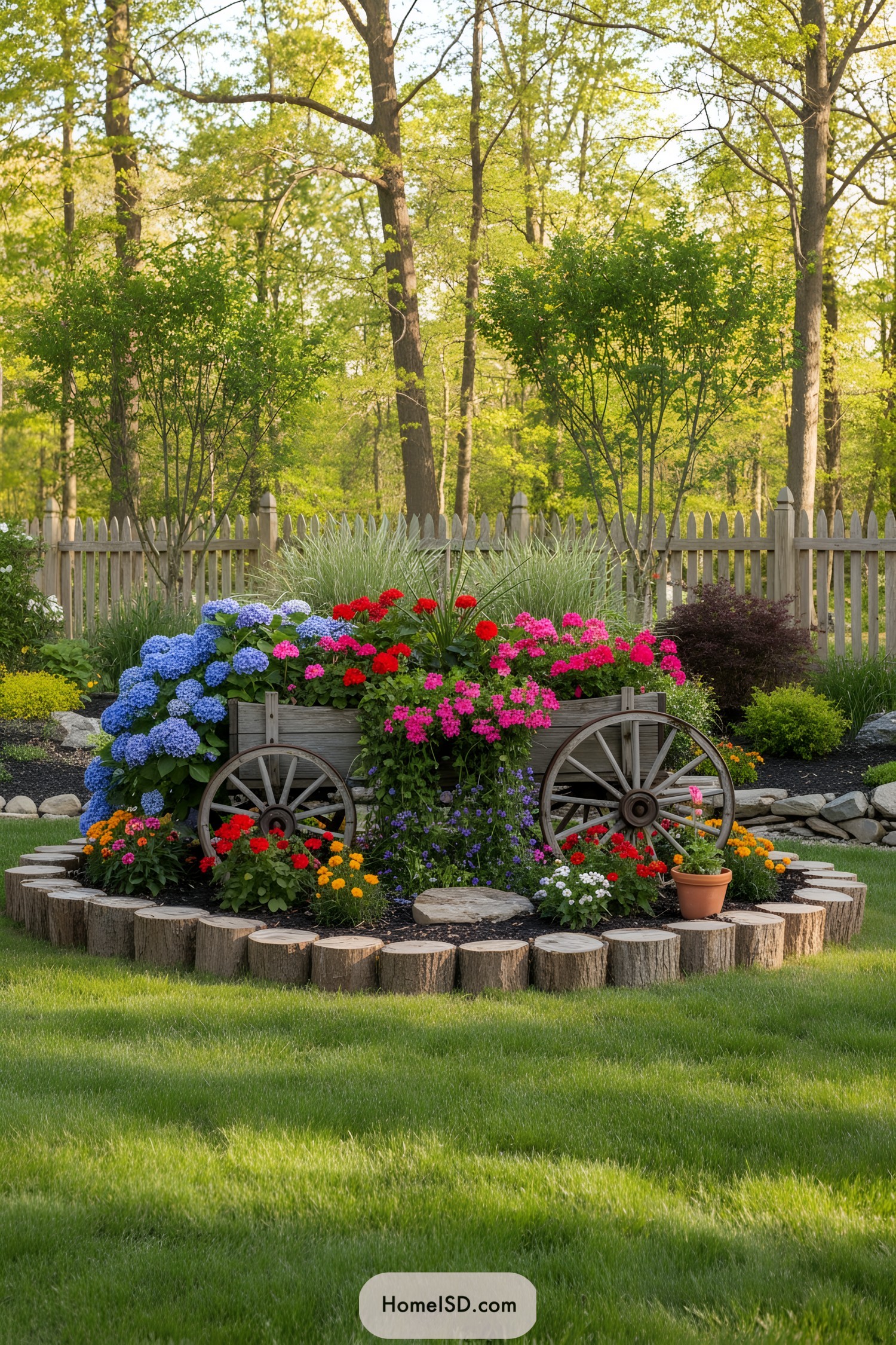 Vintage wagon planter overflowing with colorful flowers on a round log-edged garden bed