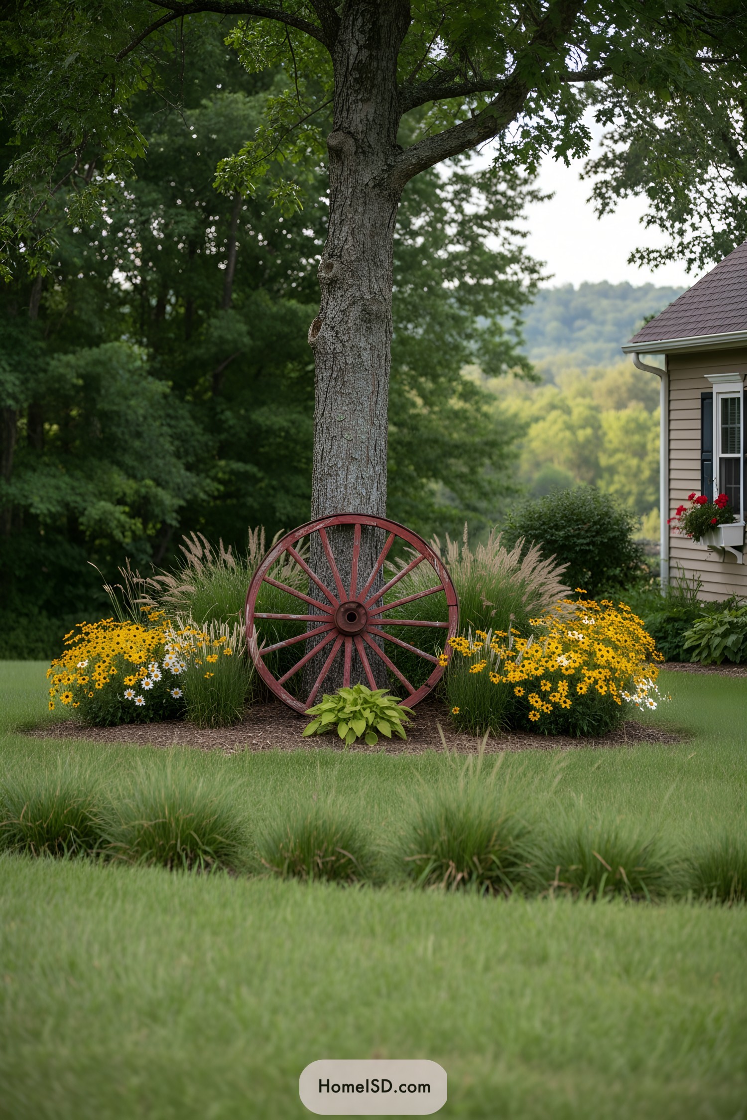 Red wagon wheel leaning against tree amid yellow and white flowers